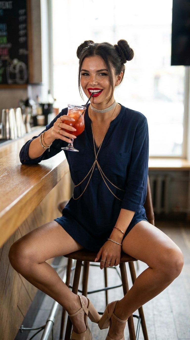 Young woman as princess Zelda breadth of the wild, 20 year old, sitting at the bar, looking at viewer, leaning back, sipping on cocktail, double buns, freckles, cute, grinning smile, platform heels, diamond choker, lots of body jewelry, gold chains and body jewelry, vivid red lips, slim waist, legs apart, photography, realistic, natural light, shot by Sony Alpha A7 IV camera, capturing every fine detail, style raw --ar 9:16 --s 750 --c 7 --q 4 --v 8.1