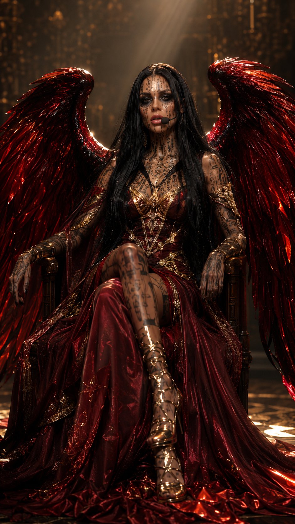 Use the uploaded photo as the exact appearance reference. Preserve her face, facial features, proportions, skin tone, eye shape, nose, lips, hairstyle, and overall appearance. Do not alter her identity.

Create a stunning high-fashion fantasy portrait of a woman with magnificent glossy red wings, sitting gracefully on a wooden chair in a dimly lit hall, surrounded by soft beams of warm cinematic light. She wears an outfit made of deep crimson silk and golden accents, shimmering like molten metal, with intricate textures of gold embroidery and glass reflections. Rich luxury color palette, powerful and elegant pose. High-detail 3D photorealistic rendering, glowing highlights on fabric and wings, soft shadows for depth. Editorial fantasy fashion style, reminiscent of high-end cinematic photography, ultra-realistic studio lighting. Photorealistic, 8k, vertical 9:16 aspect ratio.