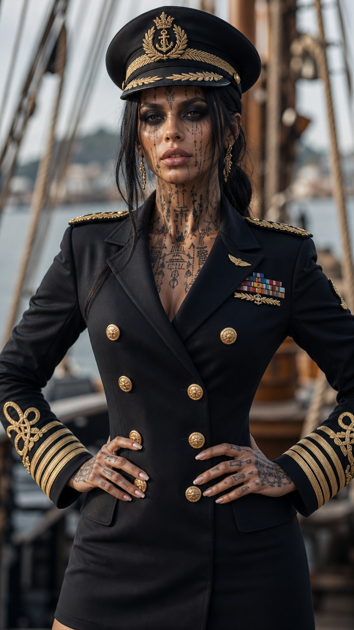 A stunningly beautiful woman whose face, facial features, hair color, eye color, skin tone, and makeup exactly match the provided reference photo. Her hair is styled in a sleek low ponytail with loose strands, as in the reference. She stands on the deck of a luxurious sailing ship, wearing a perfectly tailored black naval captain uniform dress, double-breasted with two rows of ornate large gold buttons, rich gold embroidered epaulets on shoulders, elaborate gold braid and knots on cuffs, matching black captain's peaked hat with detailed gold embroidery and emblem, colorful service ribbons on chest, elegant gold earrings. She stands with hands on hips, powerful and feminine pose. Cinematic lighting, soft natural daylight, shallow depth of field, bokeh background of ship ropes and masts, highly detailed, photorealistic, 8k, masterpiece, best quality, fashion editorial style