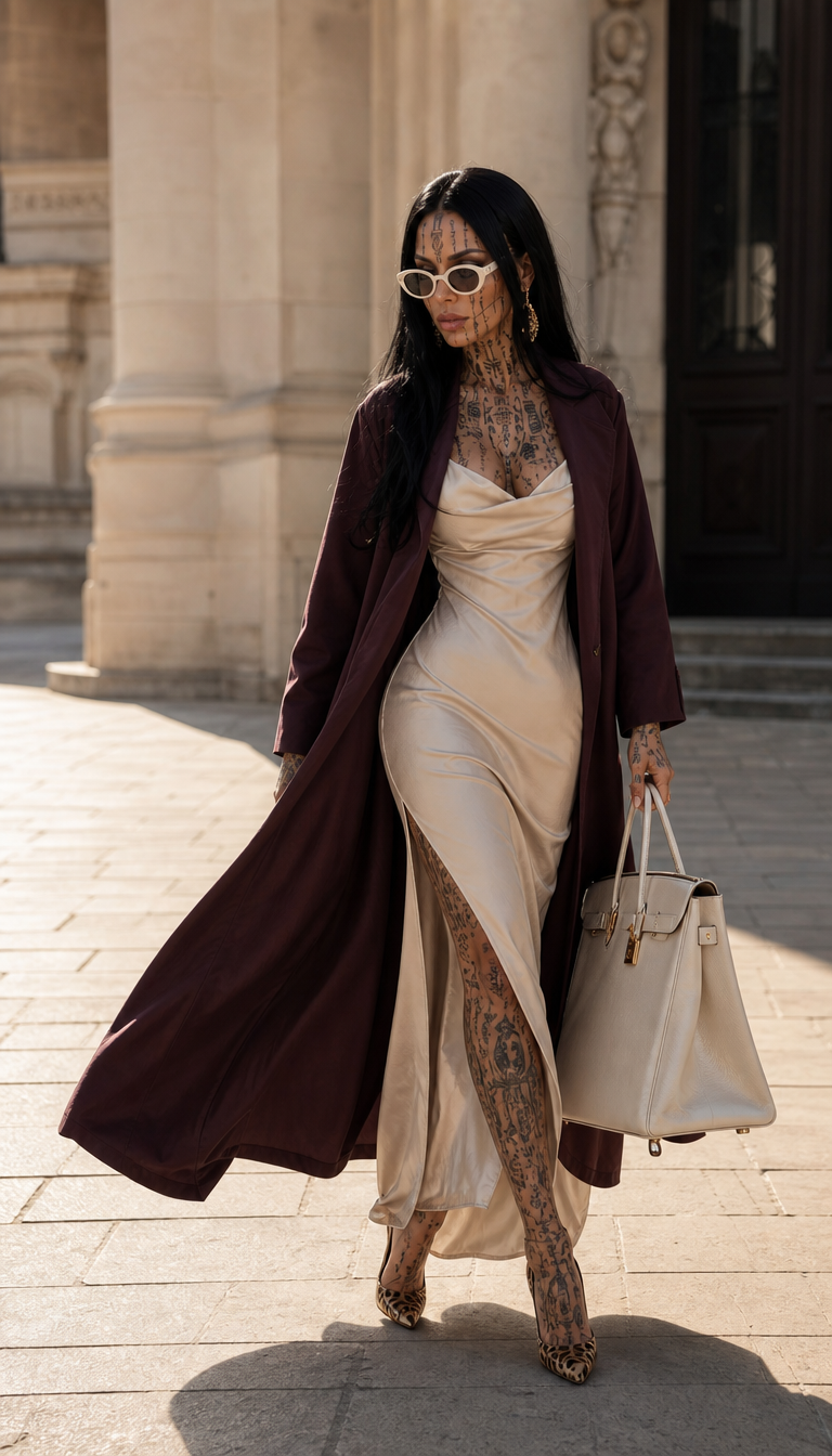 exact model reference. Preserve appearance 1:1: face, features, skin tone, age, hairstyle, and body proportions. Skin must be natural: real pores, slight imperfections, no filters and no heavy retouching.
Ultra-realistic vertical fashion street portrait 4:5. The model confidently walks across a sunny stone square near a monumental European building with columns and light limestone walls.
She wears a long loose summer coat in a plum shade, a light champagne-colored dress with a high slit, white oval glasses, gold earrings, leopard-print pointed-toe pumps on a thin heel, and a large structured cream bag with gold hardware. Hair is styled and smooth.
Natural stride: one leg forward, coat and dress move softly, gaze slightly down and to the side. One hand holds the bag, the other is relaxed.
Warm side sunlight, long shadows, golden highlights, full body, slight low angle, softly blurred architecture. Parisian luxury editorial, quiet luxury, cinematic street photography, realistic fabric movement, 50mm lens, photorealistic, HDR, 8K.
Negative prompt: altered face, plastic skin, wrong outfit, short coat, sneakers, distorted glasses, deformed hands, extra fingers, fused legs, incorrect shoes, duplicated bag, crowded background, CGI, text, logo, watermark, UI.