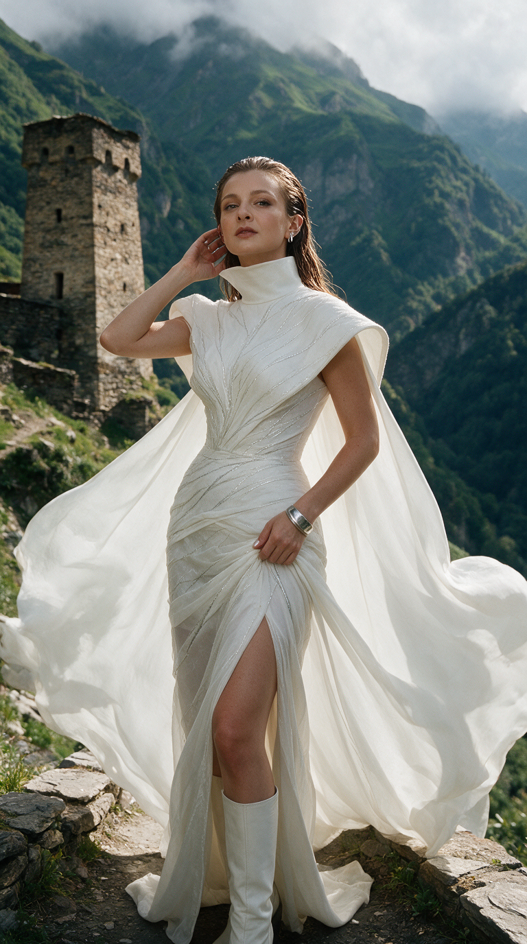 Use uploaded face photo as the ONLY identity reference. Preserve the same woman exactly: facial structure,eyes,nose,lips,face shape,proportions,natural expression and recognizability. Do not change identity.
Ultra-realistic luxury fashion editorial in North Ossetia, vertical 9:16. Ancient stone watchtowers in the Fiagdon gorge, high green mountains, deep valley, mist moving between peaks, wild Caucasus landscape, clean cold air, cinematic grandeur. Mood: noble, expensive, historical, powerful.
FRAMING:
Medium full-body crop from head to boots, face sharp and readable. Camera slightly low, 35mm fashion angle, towers and mountain slopes visible behind her. The model stands closer to camera, not tiny in the landscape.
POSE:
The woman stands on a narrow mountain road or stone terrace, body facing camera, torso slightly turned, one hand raised to touch the side of the head or collar, the other holding the dress fabric. Chin lifted, calm intense gaze, shoulders open. Wind moves the dress strongly.
WARDROBE:
White architectural couture gown inspired by mountain stone and snow. Sculptural high-neck bodice, asymmetric shoulder construction, fitted waist, long narrow skirt with one dramatic side slit, and a huge detachable white cape-train flowing behind her like mist. Fabric: matte silk gazar, wool-crepe, translucent organza layers, subtle silver thread lines like mountain ridges. The dress is modern couture, not bridal, not ethnic costume.
ACCESSORIES:
Minimal silver ear cuffs, wide brushed-silver cuff bracelet, white leather boots, glossy nude manicure. No heavy jewelry.
HAIR / BEAUTY:
Wet-look sleek hair swept back by wind, no hair color description. Makeup: glowing cold-air skin, soft smoky eyes, nude lips, realistic pores.
LIGHTING / STYLE:
Cool diffused mountain daylight, misty atmosphere, soft rim light on white cape, deep shadows in stone towers, natural wind physics. Shot on Hasselblad X2D 100C, 80mm lens, f/2.8, Kodak Portra 400, muted mountain greens, white couture contrast, subtle film grain, high-end Vogue Caucasus campaign.
NEGATIVE:
no changed identity,no blurry face,no tiny face,no bridal gown,no cheap costume,no folkloric cliché,no plastic fabric,no cropped cape,no distorted towers,no bad hands,no extra fingers,no tourist crowd,no text,no logo,no watermark.