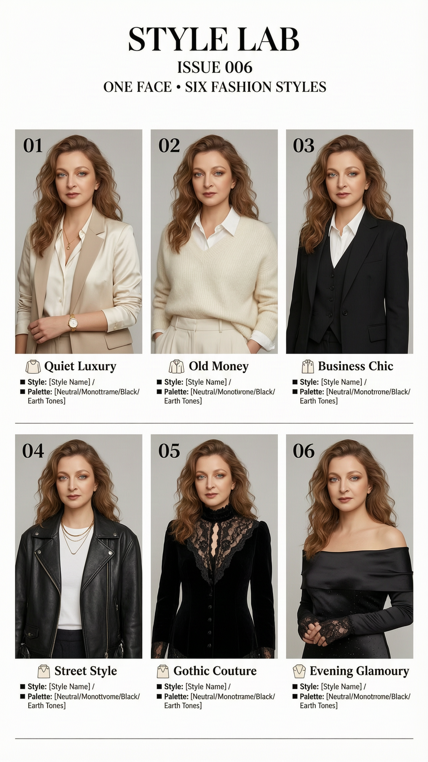 Use the uploaded portrait as the STRICT facial identity reference.
Create a premium luxury fashion editorial comparison board arranged in a perfectly aligned 2×3 grid featuring the SAME person in all six panels.
STRICT identity consistency:
- identical face
- identical facial proportions
- identical skin texture
- identical eye color
- identical hairstyle
- identical hair color
- identical expression
- identical pose
- identical camera angle
- identical framing
- identical lighting
- identical neutral studio background
The ONLY thing that changes is the fashion style.
Six fashion styles:
01 — Quiet Luxury
Ivory silk blouse, tailored beige blazer, elegant gold watch, minimal luxury aesthetic.
02 — Old Money
Cream cashmere sweater draped over the shoulders, white shirt, pleated trousers, timeless European elegance.
03 — Business Chic
Black tailored blazer, white shirt, structured vest, sophisticated executive style.
04 — Street Style
Oversized leather jacket, white T-shirt, layered necklaces, relaxed modern fashion.
05 — Gothic Couture
Luxury black velvet jacket, lace details, dramatic high collar, elegant gothic fashion.
06 — Evening Glamour
Black satin off-shoulder dress, subtle sparkle, luxurious evening editorial style.
━━━━━━━━━━━━━━━━━━━━━━━━━━━━━━
GRAPHIC LAYOUT
Luxury fashion catalog inspired by Vogue, Dior, Saint Laurent, Chanel and Celine.
Large elegant serif title centered at the top:
STYLE LAB
Small caption:
ISSUE 006
Subtitle:
ONE FACE • SIX FASHION STYLES
Minimalist white background.
Arrange six portraits in a perfectly aligned 2×3 grid with generous white margins.
Each portrait includes:
• Large elegant number in the upper-left corner (01–06)
Below each portrait place a small clothing icon followed by the style name.
Under the style add a small specification line:
■ Style: Luxury / Classic / Business / Street / Gothic / Evening
■ Palette: Neutral / Monochrome / Black / Earth Tones
Use elegant editorial typography.
Thin divider lines.
Perfect spacing.
Luxury magazine layout.
Fashion campaign aesthetic.
Photorealistic.
Ultra-detailed fabrics.
Luxury textile textures.
Natural skin.
Natural lighting.
No hairstyle changes.
No hair color changes.
No makeup changes.
No jewelry changes except where required by the fashion style.
No logos.
No brand names on clothing.
No watermarks.
8K.