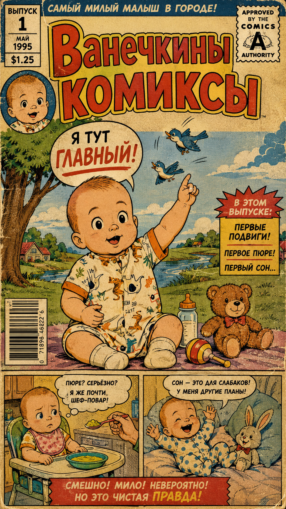 комикс на русском: Винтажная обложка для комиксов в стиле Арчи 1990-х годов, на которой изображен стилизованный под мультфильм персонаж с фотографии в качестве главного героя. Четкие контуры черными чернилами, ровная растушевка, полутоновая текстура, выцветшие цвета газетной бумаги и состаренная бумага. Классический макет Archie с крупной надписью “Ванечкины комиксы ", выполненной крупными красными буквами с желтым контуром, а также вставкой с номером выпуска, штрих-кодом, печатью издательства comic authority и значком портрета в углу. Юмористическое, невозмутимое повествование в классическом стиле Арчи с абсурдной, содержательной комедией и остроумными речами, выделенными жирными прописными буквами. Подчеркнуто чистая анатомия (широко расставленные глаза, крошечный нос, выразительные брови, блестящие волосы, напряженные жизнерадостные позы). Мода и реквизит в стиле Американа середины века: сшитые на заказ наряды, жемчуг, мокасины, винтажные прически, огромные хромированные автомобили, закусочные, заправочные станции, автостоянки и загородная обстановка. Цветовая палитра: насыщенная, но выдержанная (жженый красный, горчично-желтый, темно-синий, кремовый, приглушенный бирюзовый, выцветший черный). Плоское графическое освещение, как в старой печатной рекламе. Учитывайте незначительные дефекты печати: пожелтевшие края, потеки краски, зернистость, нестандартный цвет, царапины, заломы и потертость текстуры.
Общее впечатление: ностальгическое, китчевое, полезное и в то же время сюрреалистичное, как в забытом комиксе об Арчи из благотворительного магазина.