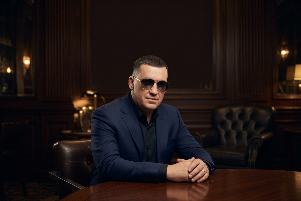 Photorealistic smart replacement for a man sitting at a table. A sharp, clean, well-groomed short haircut with precise edges. He is sitting straight at a premium dark solid wood table. He is wearing a tailored dark navy blue classic suit jacket over a sharp black dress shirt with an unbuttoned collar. Replace the background with a luxurious, moody interior of a 1930s gentleman's club: blurred soft golden ambient lights, a premium dark leather armchair in the shadows. The wall behind him should be high and dark, leaving plenty of empty dark space above his head for text layout. High contrast, cinematic soft lighting, rich textures, professional music album cover style. --v 6.0