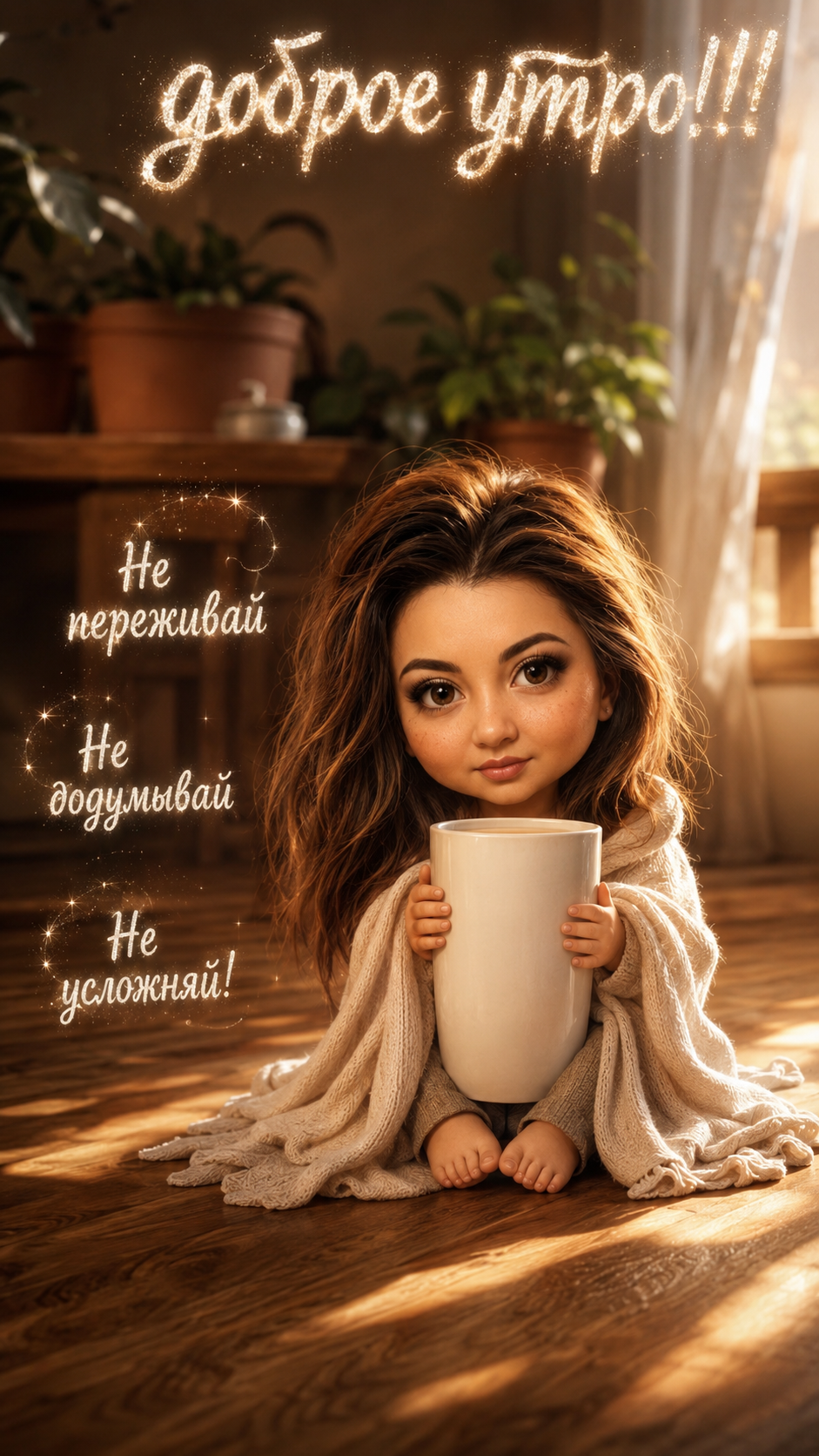 Цифровое изображение, на котором изображена стилизованная молодая female мини персонаж уменьшенная копия оригинальной женщины только мини образ похожая на домовенка черты лица идентичны с референсным фото в центральном переднем плане, расположенный немного ниже средней линии рамки. У нее объемные, очень длинные и растрепанные волосы яркого оттенка как у оригинала , Подчеркни цвет волос у кого светлые сделай как цвет пшеницы у кого тёмные сделай как каштан у кого рыжий цвет сделай как цветжженого апельсина, асимметрично спускающиеся до середины торса. Ее теплая слоновая кость имеет легкие румяные оттенки, округлое лицо, маленький приподнятый нос, В кадр смотрят красивые Менделе видные глаза и спокойное выражение с закрытой улыбкой, легкие веснушки разбросаны по щекам и носу. Слева на русском языке словно волшебным сияющем белым песком над надписи Одна под другой : Не переживай , Не додумывай , Не усложняй! Сверху на русском языке написано доброе утро!!!Персонаж сидит на деревянном полу с теплым медово-коричневым рисунком, с мягким, пятнистым солнечным светом справа, создающим нежные тени. Она завернута в свободное кремовое одеяло, естественно свисающее с ее тела, с маленькими ногами, видимыми рядом с большой белой керамической кружкой, которую она держит обеими руками. Гладкая кружка, примерно в два раза выше ее торса, имеет гладкую цилиндрическую форму. Уютная комната имеет нейтральную палитру с терракотовыми горшками зеленых растений на деревянном столе на заднем плане. Природное освещение создает теплые блики, в то время как большое окно с прозрачными занавесками рассеивает дневной свет. Угол обзора камеры на уровне глаз, подчеркивающий персонажа и кружку с малой глубиной резкости.