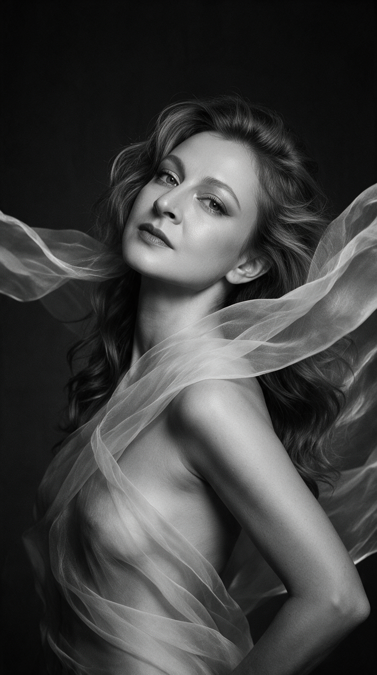 A young woman interacts with a dynamic, floating, translucent fabric that gently drapes and caresses her figure. Elegant contrapposto, head slightly thrown back, neck elongated, the fabric gently caresses the jawline, collarbones, and subtle curve of the torso, creating a dialogue between body and material. Ethereal mystery, quiet tension, timeless elegance, intimate minimalism. Sculptural minimalist style, radiant skin texture with natural moisture, light, flowing drape of chiffon or organza, catching the air, delicate folds of fabric. Seamless, deep, charcoal - black studio backdrop, absolutely clear, without visible light sources or equipment, an infinitely dark space. Dramatic high - contrast play of light and shadow, precise accent lighting from the side, highlighting the edges of the fabric and the contours of the face, deep, velvety shadows, a monochrome palette. Shot with an 85mm portrait lens, f/4.0 for balanced depth of field, sharp focus on the eyes and fabric texture, a fine - art black - and - white aesthetic, and the grain of Ilford HP5 film. In the style of Peter Lindbergh and Irving Penn: sculptural portraiture, minimalist studio setting, geometric composition, pristine elegance, a cinematic sublime reality, photorealism, 8K resolution, and a masterful play of light and shadow, --ar 9:16 --seed 598041022 --v 8.1