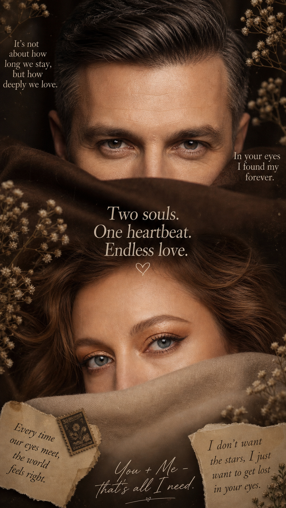 Create a romantic aesthetic vertical collage in 9:16 format, cinematic mood, warm sepia and deep brown tones with soft golden lighting.
Composition: A stacked dual close-up portrait divided horizontally into two halves.
TOP HALF: Extreme close-up of a male face, showing only the upper part — forehead, eyebrows, and eyes gazing directly into the camera with an intense, soulful, longing expression. His hair, facial features, skin tone, eye color, and age must be taken EXACTLY from the provided reference image — do not alter or reinterpret them. The lower part of his face is hidden behind a soft draped brown fabric or blanket edge.
BOTTOM HALF: Extreme close-up of a female face, showing only her eyes and eyebrows, looking directly into the camera with a tender, dreamy, emotional gaze. Her hair, facial features, skin tone, eye color, eyelashes, and age must be taken EXACTLY from the provided reference image — do not change or stylize them. The lower part of her face is covered by a soft beige-brown draped fabric.
Between and around both portraits: small delicate dried baby's breath flowers (gypsophila) scattered softly in the corners, adding a vintage romantic touch.
Overlay typography (in elegant serif and handwritten script fonts, cream/off-white color, semi-transparent):
- Top left corner: "It's not about how long we stay, but how deeply we love."
- Middle right (near male eyes): "In your eyes I found my forever."
- Center between the two faces: "Two souls. One heartbeat. Endless love." with a small heart symbol ♡ underneath
- Bottom left as a torn vintage paper note with a postage stamp: "Every time our eyes meet, the world feels right."
- Bottom right as a torn paper note: "I don't want the stars, I just want to get lost in your eyes."
- Bottom center in handwritten script: "You + Me — that's all I need."
Style: Moody, cinematic, Pinterest-aesthetic, dark academia romance vibe, film grain texture, soft vignette, shallow depth of field, warm ambient lighting, high detail on eyes and eyelashes, dreamy and intimate atmosphere.
Aspect ratio: 9:16 (vertical, mobile wallpaper format).
