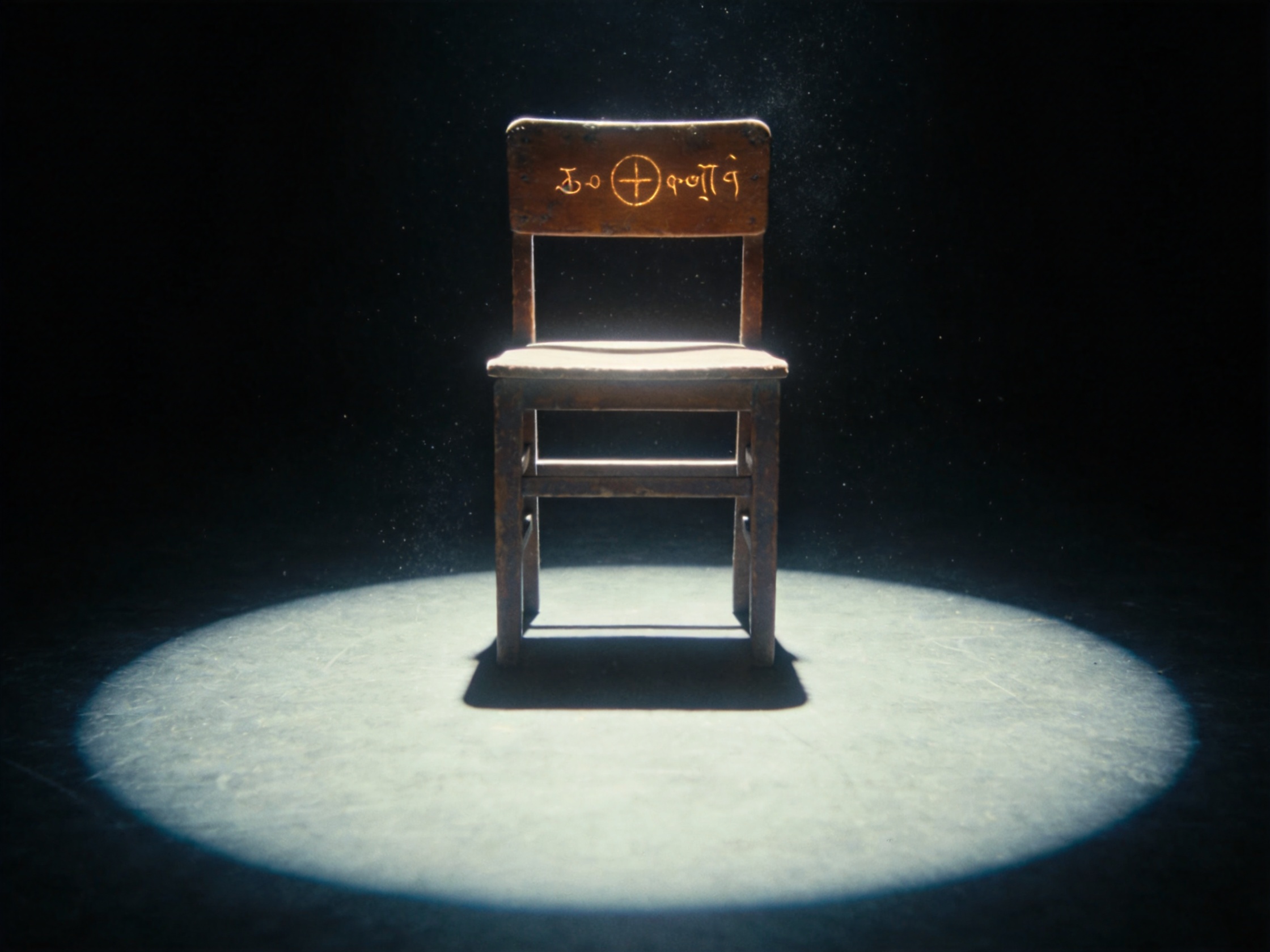 minimalist stage composition: a single worn wooden chair centered on a dark empty stage; a strong spotlight illuminates the chair, creating a high-contrast circle of light; deep black void around, only dust motes visible in the beam; no people, no extra props; cinematic still, analog film texture, film grain, 8K; moody, introspective atmosphere; subtle glowing runes or symbols faintly etched into the wood of the chair, almost invisible unless you look closely.