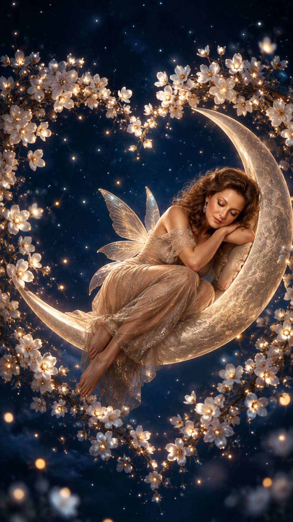 Совпадение с референсом 100%. un hada diminuta descansa sobre una luna creciente. flores blancas luminosas forman un corazón a su alrededor mientras pequeñas luces brillan en la noche azul, creando una escena mágica, romántica y muy serena.