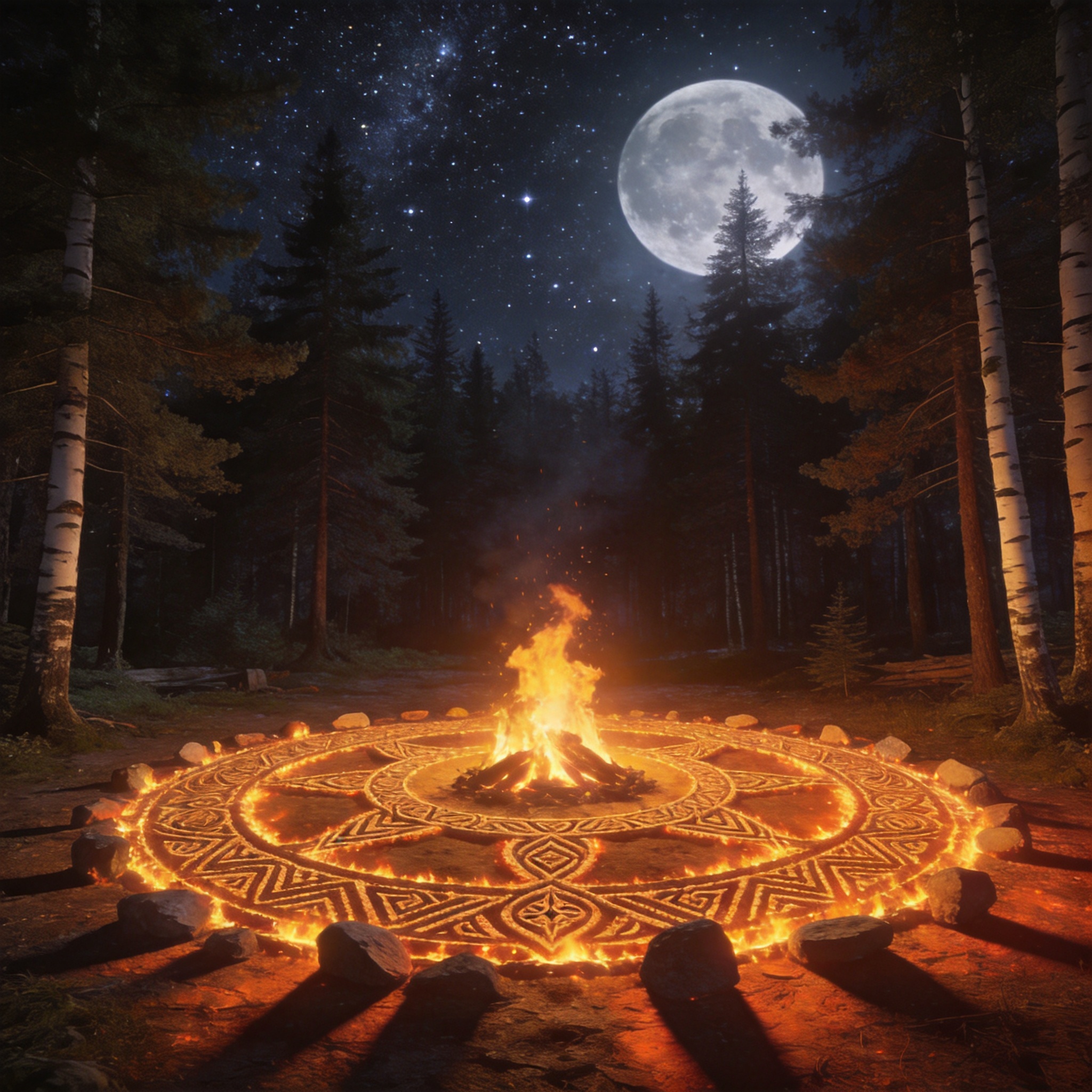 A dark, mystical night in a dense, ancient Slavic forest. In the center of the scene, there is a wide clearing with a large campfire blazing brightly. The ground around the fire is marked with intricate ancient Slavic patterns formed into a giant Kolovrat symbol made of glowing embers and carved stones. The fire casts long shadows and warm, vivid orange reflections on the surrounding tall pine and birch trees. Millions of stars and a huge full moon are visible through the canopy of the forest. Epic atmosphere, deep depth of field, highly detailed, photorealistic, cinematic lighting, 8k resolution, folk fantasy art style.