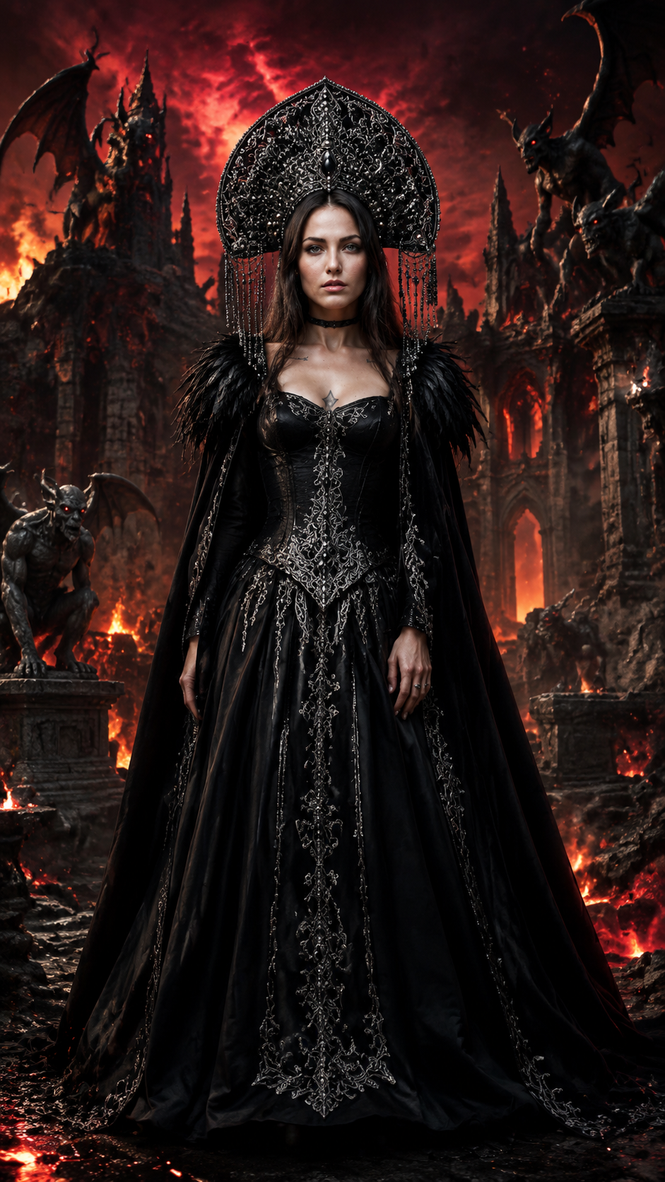 Ultra realistic cinematic portrait of a dark gothic princess inspired by Slavic mythology. Use the exact face, hair, skin tone, and all features from the reference image – preserve identity completely.

She wears a luxurious black gown with silver embroidery, corset details, and flowing dark veils. Over it, a black velvet cape with feather collar. On her head – a massive black kokoshnik adorned with silver filigree, pearls, and hanging black bead tassels down to her shoulders. Makeup is bold and gothic: deep smokey eyes, dark lips, porcelain-pale skin. Hair is styled as in the reference, with the kokoshnik resting over it.

Background: dark fiery landscape with crumbling stone ruins and towering statues of monstrous creatures – gargoyles, demons, fallen angels – their eyes glowing like ember-red coals. Distant flames, lava flows, smoke and ash in the air. Blood-red sky with black storm clouds.

Dramatic side and rim lighting from the fire, accentuating silhouette and textures of the kokoshnik and dress. She stands confidently, facing the camera, calm and mysterious expression. Vertical composition, full-body, ruins and statues framing her.

Style: photorealistic fantasy fashion editorial, cinematic quality, hyper-detailed skin, fabric, silver, pearls, stone, and fire. 85mm lens, shallow depth of field, high resolution, no text, no logos, no watermarks