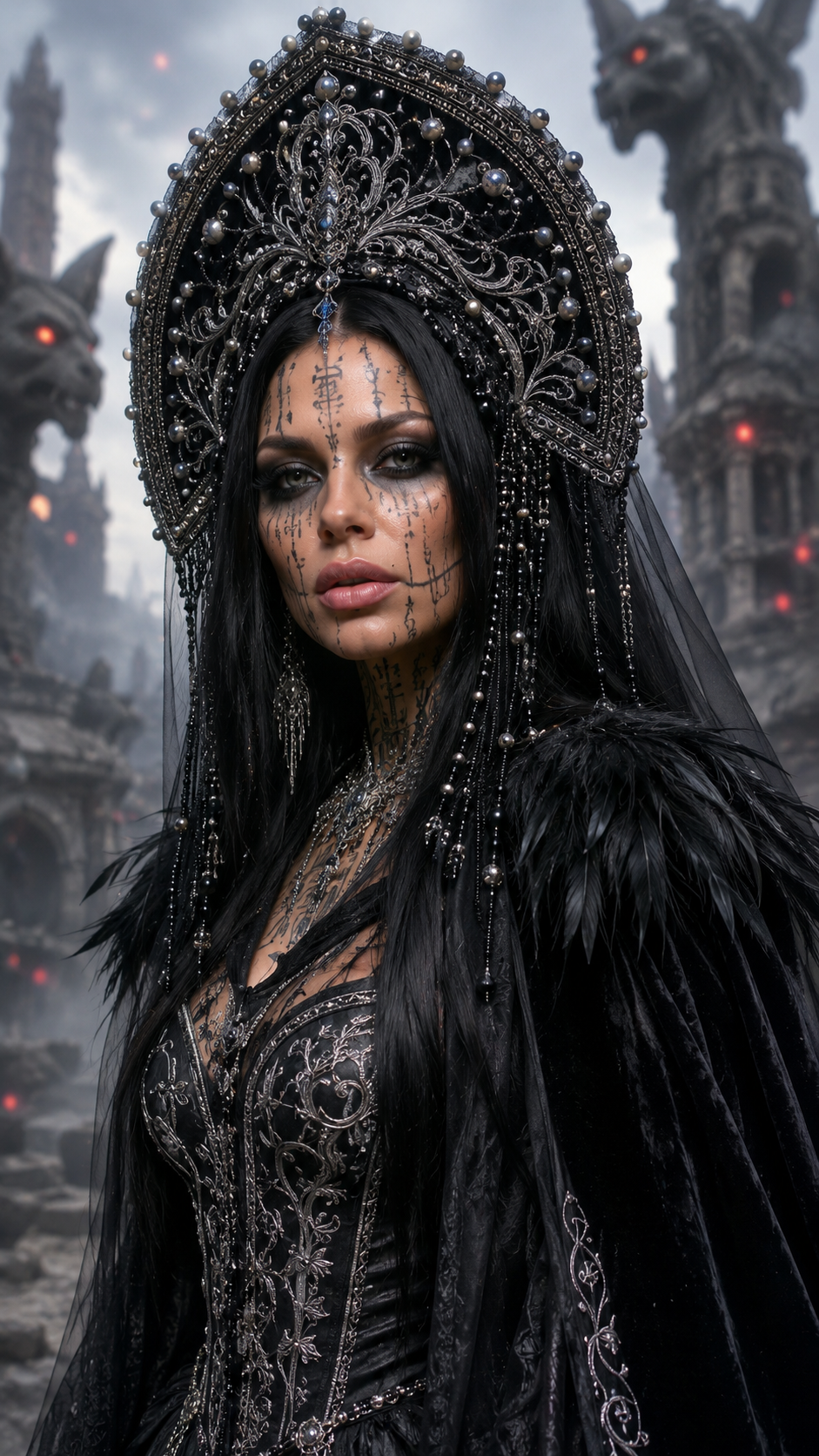 Ultra realistic cinematic portrait of a dark gothic princess inspired by Slavic mythology. Use the exact face, hair, skin tone, and all features from the reference image – preserve identity completely. Close-up framing, from shoulders to head, to clearly show makeup details and the kokoshnik.

She wears a luxurious black gown with silver embroidery, corset details, and flowing dark veils. Over it, a black velvet cape with feather collar. On her head – a massive black kokoshnik adorned with silver filigree, pearls, and hanging black bead tassels down to her shoulders.

Makeup is strongly visible: bold gothic smokey eyes, black eyeliner, dark matte lips, porcelain-pale skin with subtle contouring – all clearly readable in the frame.

Background is lighter yet remains moody: ash-gray sky with faint crimson glows, light mist, crumbling stone ruins and statues of monsters (eyes glowing like ember-red coals), but the overall tone is more airy, silvery-ash, with soft diffused lighting.

Lighting – soft side light highlighting the face and kokoshnik, no harsh shadows, ensuring the makeup is well visible. Rim light creates a gentle halo around hair and shoulders.

Vertical composition, shoulder or waist-up portrait, model looking at the camera, expression calm and mysterious.

Style: photorealistic fantasy fashion editorial, cinematic quality, hyper-detailed skin, makeup, fabric, silver, pearls, stone. 85mm lens, shallow depth of field, high resolution, no text, no logos, no watermarks.