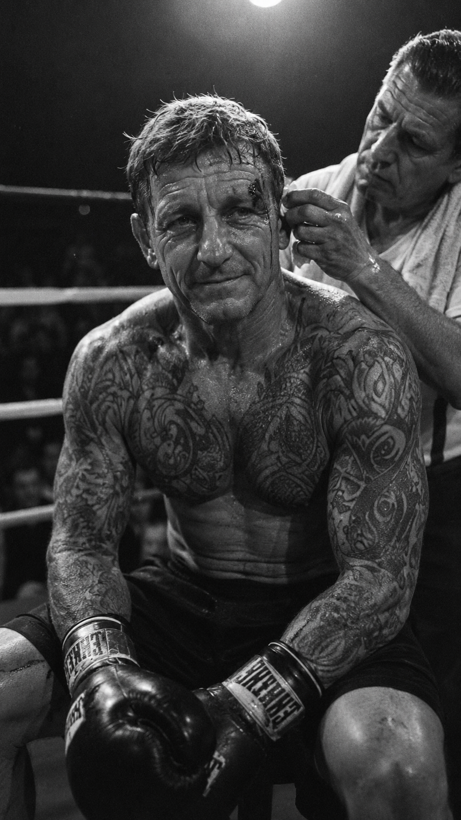 Use the uploaded male image as the face reference — preserve exact facial features, age, skin texture, scars, expression, and identity. Do not alter the face in any way.
Shot on Nikon F3, Nikkor 85mm f/1.4 at f/2, Kodak Tri-X 400, Chicago, a boxer in his thirties sits on a stool in the corner of the ring after a fight he won, gloves still on, cut above his left eyebrow, a trainer working on it from behind — the overhead ring lights are the only source, hard and directional from above, his face fully lit from the top, deep shadows under his brow and jaw, the Nikkor 85 at f/2 separates him from the ropes and the crowd behind with clean grain bokeh, the Tri-X grain is physical — it has the same texture as the effort in his face, the camera does not celebrate the win, it records what winning costs.
Negative: changed face, different identity, CGI, 3D, illustration, cartoon, anime, plastic skin, over-retouched, blurry, low detail, watermark, text, logo.