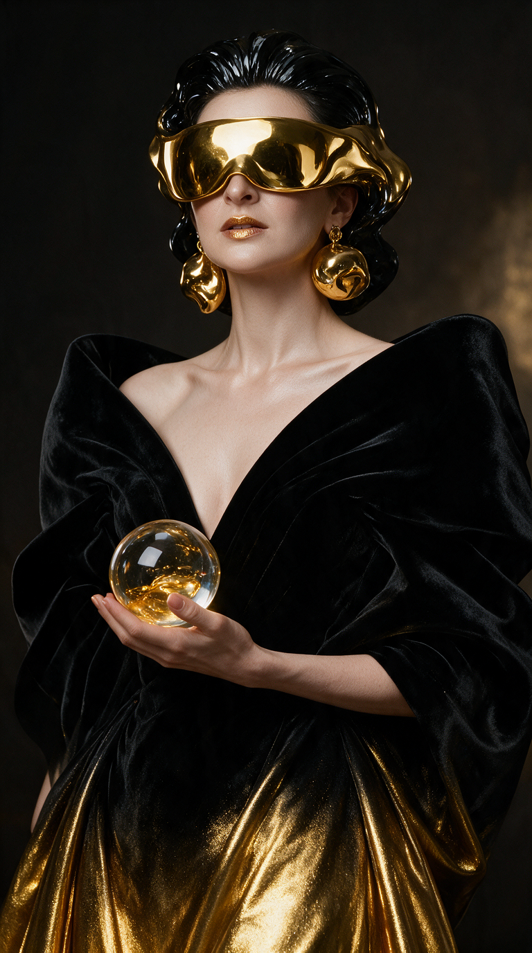 A futuristic luxury fashion portrait of a mysterious woman, close-up editorial shot. She has flawless matte porcelain skin, soft realistic texture, elegant facial features and a calm powerful expression. Her main statement piece is an enormous sculptural golden visor-mask covering the upper part of her face, inspired by liquid gold flowing like molten metal, with smooth curved surfaces and a mirror-like finish. The mask is the dominant visual element, oversized and dramatic.
Her hair is sleek black with a wet glossy texture, styled into a futuristic sculptural shape. She wears massive golden earrings shaped like abstract melted metal spheres. Her makeup is minimal with deep metallic gold accents on the lips and eyes.
She is dressed in a black velvet couture gown transitioning into glowing metallic gold fabric, creating a dramatic gradient from dark black to rich gold. The outfit has huge sculptural shoulders, luxurious folds and an architectural silhouette. One hand holds a large transparent crystal sphere filled with glowing golden liquid.
Dark luxury studio background with warm golden reflections, cinematic lighting, high contrast, futuristic haute couture, iconic fashion magazine cover, surreal elegance, one powerful visual concept, ultra realistic, 8K, Vogue editorial photography.