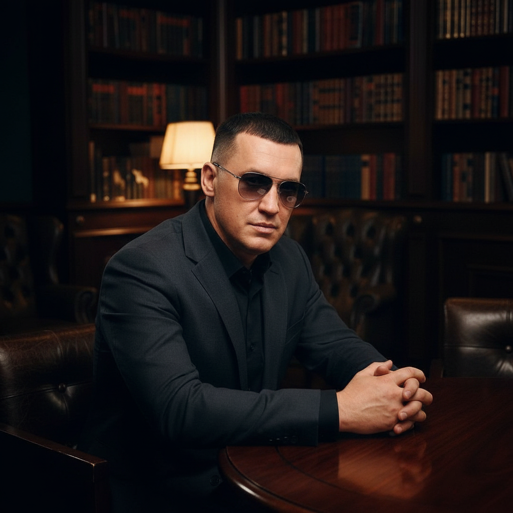 A cinematic, high-end professional photo of a powerful, mature 45-year-old Eastern European man, identical to Seryozha Volny. He has a strong jawline, a short masculine haircut, and is wearing stylish dark aviator sunglasses. He is sitting in a luxurious, dimly lit private library or elite executive lounge. He is wearing a premium dark charcoal grey classic suit blazer over a black button-down shirt. He is sitting on a rich dark brown chesterfield leather armchair at a polished mahogany wooden table, hands naturally clasped, looking thoughtfully just past the camera. The background features floor-to-ceiling wooden bookshelves filled with leather-bound books, elegant dark wood paneling, and a soft warm glow from a vintage desk lamp. No alcohol, no glasses, strict business and respectful atmosphere. Moody low-key lighting, deep shadows, cinematic edge-light, photorealistic texture, shot on 85mm lens, 8k resolution. --ar 3:2 --style raw --v 6.0