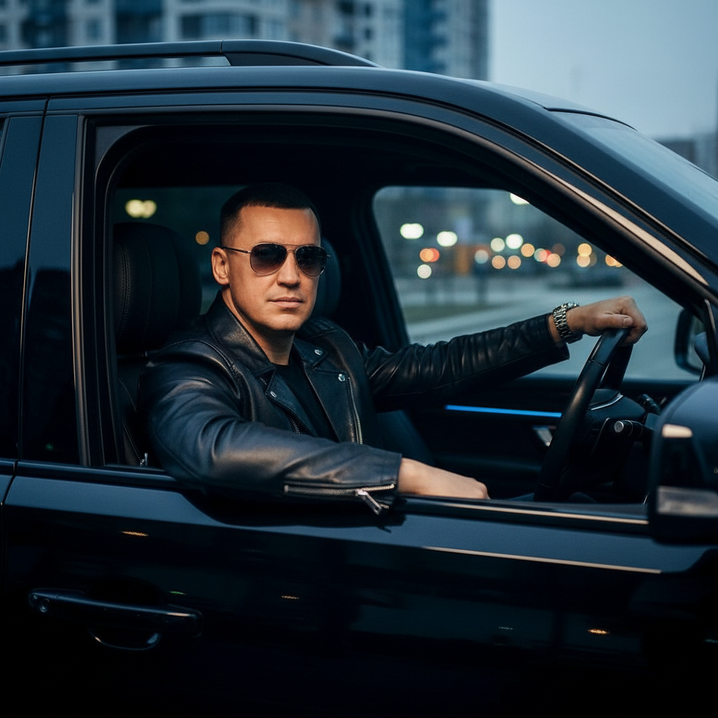 A cinematic, high-end professional photo taken from inside a luxury black SUV, featuring a powerful, mature 45-year-old Eastern European man, identical to Seryozha Volny. He has a strong jawline, a short masculine haircut, and is wearing stylish dark aviator sunglasses. He is sitting in the driver's seat, one hand confidently on the steering wheel, looking calmly forward through the windshield. He is wearing a premium black leather jacket over a dark t-shirt, with a luxury masculine watch visible on his wrist. The interior of the car is meticulously detailed with rich dark leather, subtle carbon fiber accents, and soft premium ambient dashboard lighting. Outside the car windows, the soft blurred lights of a modern city at dusk create a beautiful bokeh effect. Moody low-key interior lighting, realistic textures, cinematic composition, shot on 50mm lens, 8k resolution. --ar 3:2 --style raw --v 6.0
