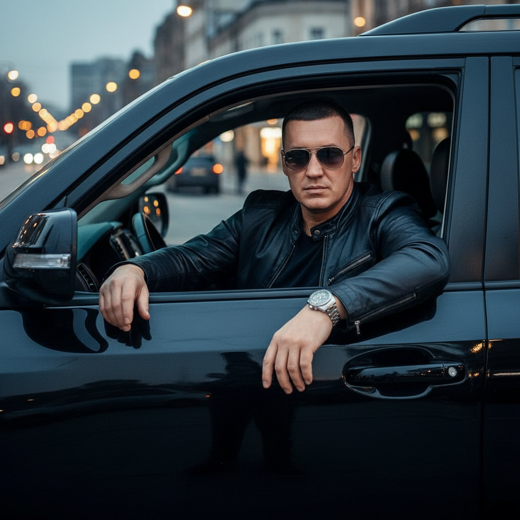 A cinematic, high-end professional photo of a powerful, mature 45-year-old Eastern European man, identical to Seryozha Volny. He has a strong jawline, a short masculine haircut, and is wearing stylish dark aviator sunglasses. He is sitting in the driver's seat of a premium gloss-black Toyota Land Cruiser SUV, leaning his arm naturally out of the open side window. He is wearing a premium black leather jacket over a dark t-shirt, with a luxury masculine steel watch visible on his wrist. The camera is positioned outside, capturing him through the open driver's window. The exterior of the black Toyota shows clean metallic reflections, realistic door panel lines, and side mirror details. In the background, soft blurred twilight city streets with distant warm bokeh lights create a beautiful atmosphere. Moody low-key lighting, realistic textures, cinematic composition, shot on 50mm lens, 8k resolution. --ar 3:2 --style raw --v 6.0