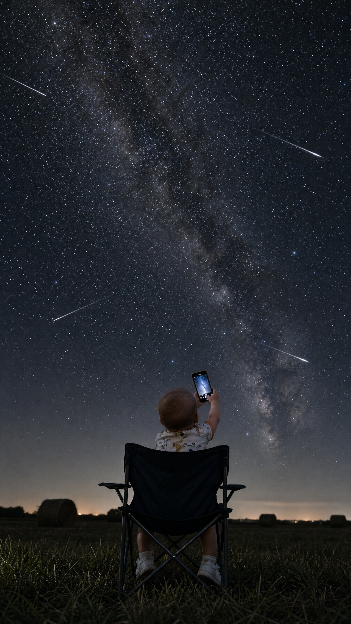 Long-exposure astrophotography shot, low camera angle. A single person — matching the reference photo exactly in face, age, hair, and body type — sits in a folding camping chair with their back to the camera, gazing up at an incredibly dense, dark night sky. The person is actively trying to photograph the starry sky with their smartphone: one arm raised high, holding the phone up toward the sky, screen faintly glowing as they frame the shot; the other hand adjusting the phone or steadying it. White sneakers clearly visible. The silhouette is crisp and well-defined.

The sky is a deep blue-black, filled with countless stars. The Milky Way core is visible as a dusty luminous band stretching across the heavens. Four bright, sharp meteor trails (shooting stars) streak across different parts of the sky.

The person sits in a dark, grassy field. In the background, faint outlines of hay bales are visible, along with very subtle light pollution on the distant horizon.

Wide composition emphasizing the vast scale of the sky above the tiny human figure. Realistic, highly detailed, cinematic, sharp focus on the stars. Natural astrophotography look, no text, no watermarks, no logos.