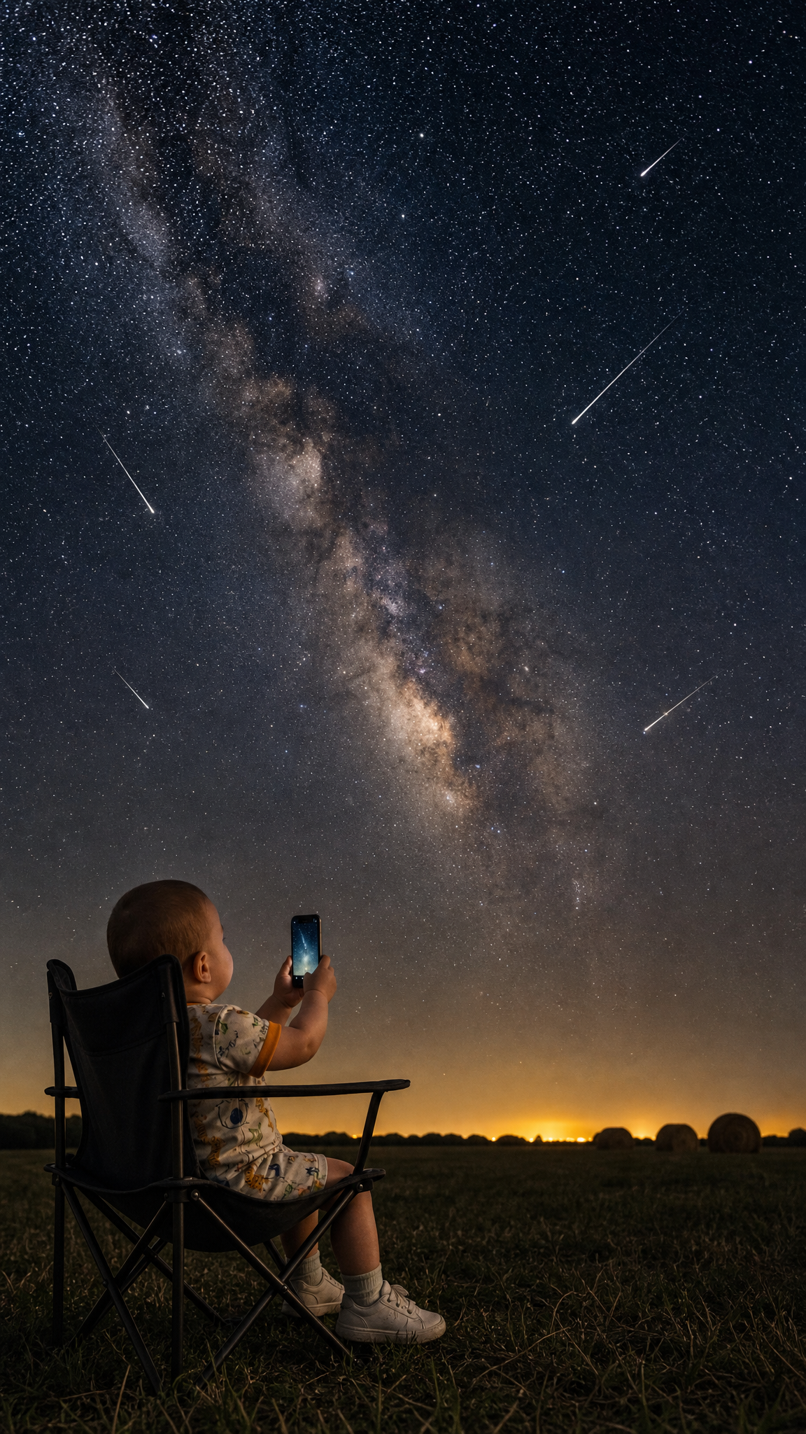 Long-exposure astrophotography shot, portrait orientation. Camera positioned at the side and slightly behind the seated person, capturing their SIDE PROFILE (three-quarter back view), NOT a straight-on back view. The person — matching the attached reference photo exactly — sits in a folding camping chair placed in the lower-left third of the frame, body angled toward the right, head tilted upward gazing at the sky. The person holds a smartphone in one hand at chest level, actively trying to photograph the starry sky, screen faintly glowing; the other arm resting on the chair. White sneakers visible. The silhouette and profile are crisp and well-defined.

The Milky Way core stretches DIAGONALLY across the frame from the upper-left to the lower-right, a dusty luminous band cutting through a deep blue-black sky filled with countless stars. Four bright, sharp meteor trails (shooting stars) streak across different parts of the sky.

The person sits in a dark, grassy field. The horizon sits low in the frame with a faint warm glow of light pollution; soft outlines of hay bales visible on the right side of the background.

Wide vertical composition emphasizing the vast scale of the sky above the small human figure anchored in the lower-left corner. Realistic, highly detailed, cinematic, sharp focus on the stars. Natural astrophotography look, no text, no watermarks, no logos.