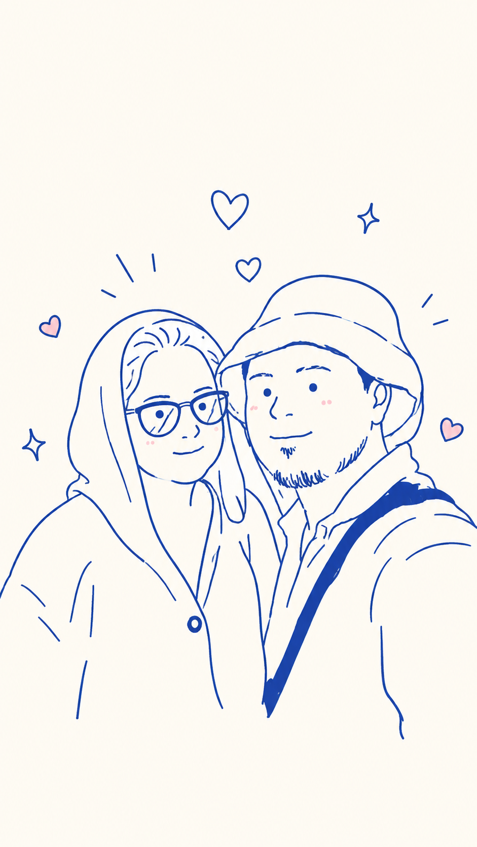[Enter the desired scene here]is represented by a minimalist hand-drawn doodle illustration based on a color monoline.

The whole picture consists of warm cream ivory or white over a monochrome background. Figures and objects are painted in a clear cobalt blue medium-thick monolain. The line thickness is uniform throughout, and all line ends and corners are gently rounded. It uses slightly loose, natural curves, as if drawn slowly by hand, rather than overly smooth, mechanical vector lines.

Figures are simplified in cute and flexible proportions, and complex anatomical depictions are eliminated. The face is represented only by eyes, short nose and mouth in the form of small dots. The expression is bright and lovely. The hair is divided into a few large, smooth curves, without realistic hair texture or cotton filling.

The hand is represented in a simple round form, but the fingers use only a few short and repetitive curves. Folds and sleeve details are also minimized by short lines. The interior of the figures and objects is mostly blank with background color to maintain a light and open feel at the center of the line.Hair is expressed in a naturally balanced size with the body. The cute simplification is maintained, but the soybean type or infant type ratio is avoided, and the adult figure is expressed in a smooth and balanced ratio of about 5.5 to 6.5.The figure is smooth and friendly, simplified, but the head and body are naturally balanced in adult proportions. Do not use soybean-type or infant-type character ratios.

The overall color is limited to one or two bright point colors, such as yellow and pink, centered on the cobalt blue line. Point color is flat on some small objects, such as cups, earrings, flowers, and props. Do not color a large area in multiple colors.

Doodle graphics such as small hearts, sparkles, and short emphasis lines are minimally placed around the character's behavior and emotions. Maintain sufficient margins, and express the figures or key actions loud and clear in the center of the screen.

A friendly, lovely and stylish atmosphere that suits modern lifestyle brands, emotional stationery brands, and magazine editorial illustrations. Clean 2D flat vector, hand drawing sensibility, color line art, minimalist doodle style.
It does not replicate the figures, poses, object configurations, and layouts of specific reference images, but only applies color monoline representation and simplified drawings.

Negative:
Black outlines, multi-color costumes, realistic human body proportions, sophisticated fingers, realistic hair, complex backgrounds, landscape depictions, excessive props, thick lines, sharp lines, perfectly mechanical Bezier curves, 3D, three-dimensional rendering, shadows, contrast, gradient, Watercolor, pencil texture, paper texture, photorealistic, animated cell coloring, excessive facial expressions, complex patterns, text, typography,excessively large hair, soybean character, excessively large ratio of hair to body, infant SD character ratio, 2 assholes·3-back body type, short and small torso, excessively small shoulders and body