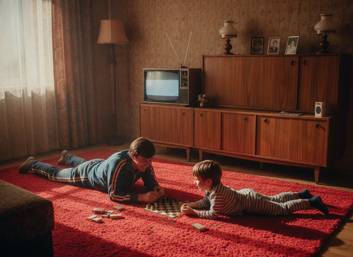Реалистичное киноматографическое фото высокого разрешения 4К Детализация 8К. 80 годы. Квартира, на полу палас красного цвета. Мебельная стенка с ламповым телевизором. На полу лежат друг на против друга отец и сын, весело играют в игру чапаева. 