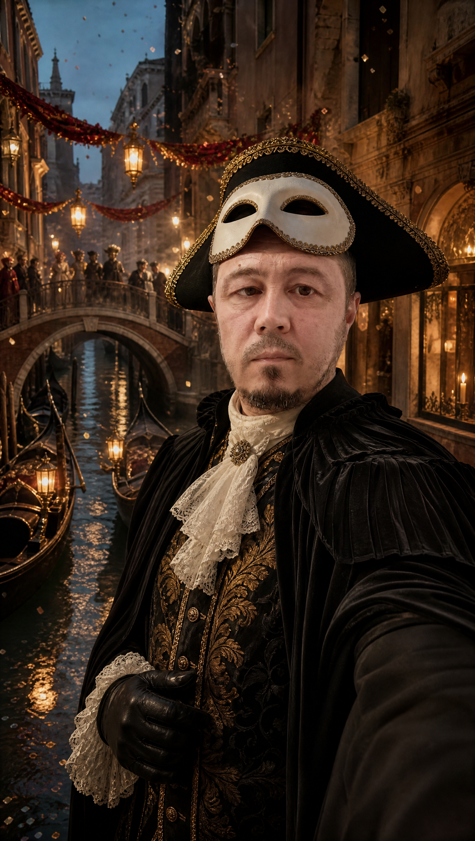 REFERENCE — STRICT: image1 is the main character. Use ONLY as identity reference. Preserve face, eyes, hair, age, body proportions, and all individual features 1:1 from the reference, regardless of gender. Do NOT copy clothing from the reference.

TASK: Dress the main character in an authentic 18th-century Venetian Carnival costume and place them in a fitting Venetian location.

COSTUME: Authentic 18th-century Venetian Carnival "bauta" outfit — black silk tabarro cloak with pleated shoulders, black tricorn hat trimmed with gold lace, white porcelain-style bauta mask pushed UP onto the forehead (face fully visible and recognizable as the reference), dark brocade waistcoat with ornate gold embroidery beneath the cloak, white lace cravat, black leather gloves. Rich textures: velvet, silk, gold thread. The mask is raised so the real face is clearly visible.

LOCATION: A narrow Venetian canal at twilight during Carnival. A stone arch bridge in the background, moored black gondolas with flickering lanterns, warm candlelight glowing from palazzo windows, red and gold carnival garlands and hanging lanterns strung across the canal, light mist over the water, distant silhouettes of masked figures. Confetti drifting in the air.

LIGHTING & STYLE: Cinematic photorealism, warm golden-hour light mixed with amber candlelight, soft reflections on the water, shallow depth of field, rich painterly color grading with deep reds, gold and black tones. 18th-century historical accuracy. Shot on 35mm anamorphic lens, dramatic but elegant composition.

NEGATIVE: face swap, identity drift, changed face/age/hairstyle, mask covering the face, modern clothing, modern elements, duplicated character, deformed hands, extra fingers, broken anatomy, historical inaccuracies like zippers or sneakers, text, logos, watermarks, cartoon style.