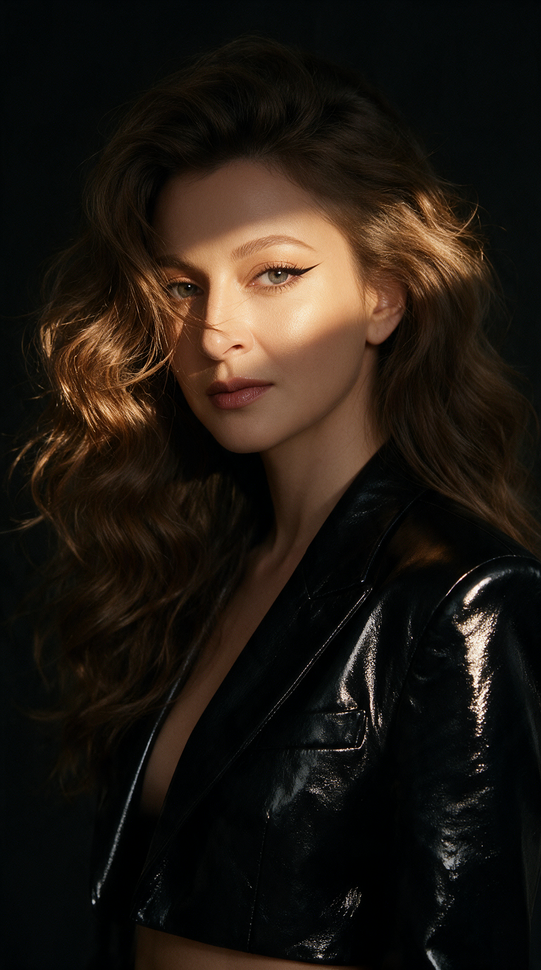 Фотореалистичный fashion-портрет женщины, сохранить черты лица и естественную текстуру кожи без изменений. Длинные волосы с объёмной укладкой Dyson, мягкие волны и воздушный объём, несколько прядей кокетливо падают на лицо. Голова слегка повернута к объективу, уверенный загадочный взгляд. Макияж «лисий»: вытянутый акцент на внешних уголках глаз, выразительные ресницы, тонкая графичная стрелка, мягкий контуринг, нюдовые глянцевые губы.
На ней чёрный укороченный лакированный пиджак мужского кроя с массивными подчёркнутыми плечами, без пуговиц. Драматическое нуарное освещение: узкий золотисто-тёплый луч света скользит по лицу, волосам и плечам, остальная часть кадра погружена в глубокую мягкую тень. Глубокий чёрный фон, высокий контраст, кинематографичная атмосфера, luxury fashion editorial, эффект дорогой журнальной съёмки, реалистичная кожа, естественные блики на лакированной ткани, малая глубина резкости, профессиональная студийная фотография, ultra realistic, 85mm lens, 9:16.