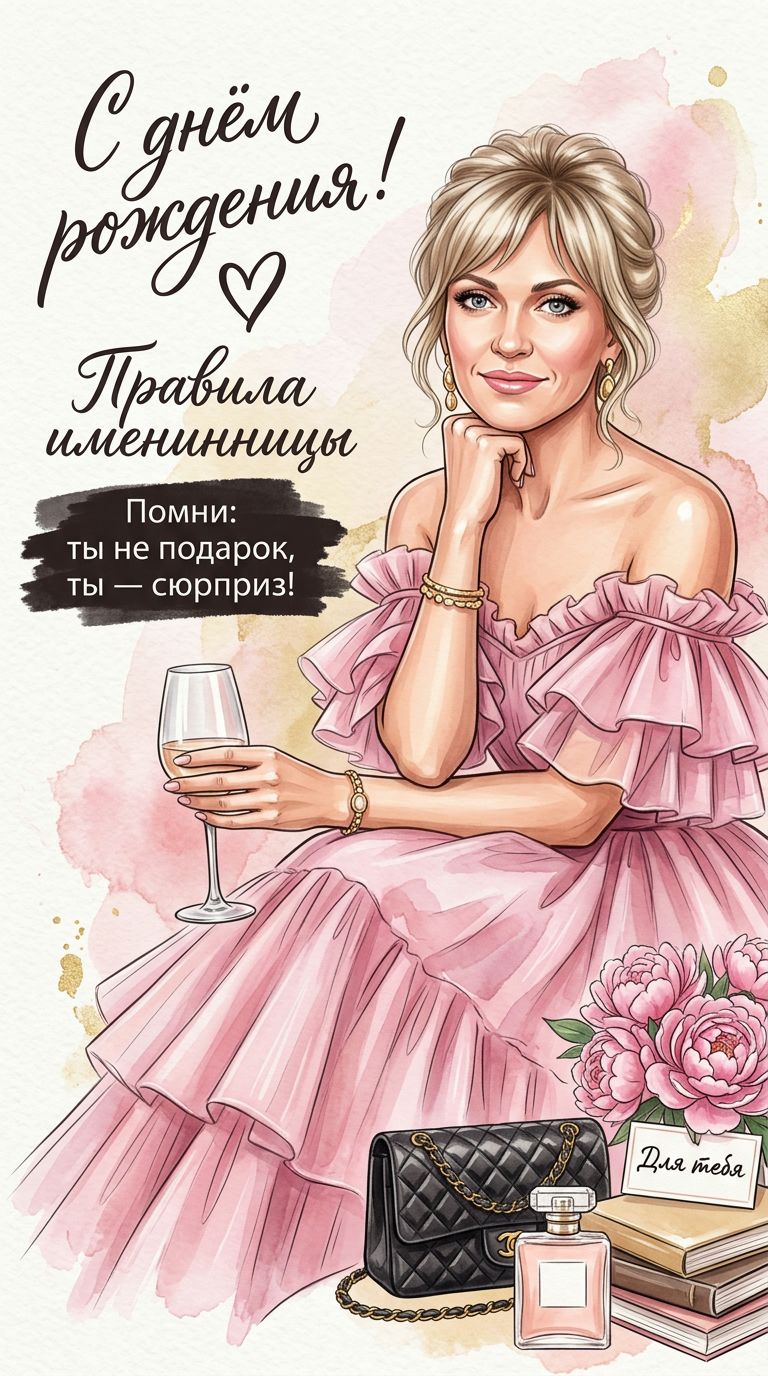 Создай изображение женщины: женщина изображена в стиле нежной поздравительной открытки на день рождения, в полупортретном кадре по грудь и чуть ниже, корпус развёрнут влево примерно на 20–30 градусов, голова повёрнута к камере и слегка приподнята, правая рука согнута и подпирает подбородок, левая рука расслабленно удерживает бокал с напитком на тонкой ножке; выражение лица спокойное, уверенное и мечтательное, лёгкая улыбка с сомкнутыми губами, взгляд направлен чуть в сторону камеры; композиция смещена вправо, чтобы слева осталось место под праздничный текст и декоративные элементы, общее ощущение иллюстративной открытки с акварельной фактурой. Одежда — объёмное пышное платье нежно-розового цвета с многослойными полупрозрачными воланами из лёгкой ткани, напоминающей тюль и органзу, открытые плечи, мягкие складки и воздушные переходы ткани, выраженная декоративность и нарядность, без жёстких линий; на запястье блестящий золотистый браслет, на ушах массивные золотые серьги с мягкими точечными бликами. Причёска — волосы собраны в высокий небрежный пучок на макушке с объёмными выбившимися прядями и свободными завитками вокруг лица, пряди тонкие, живые, с естественным блеском и лёгкой растрёпанностью, если длина позволяет; если длина недостаточная — волосы красиво уложены. Макияж вечерний и аккуратный: выразительные стрелки, длинные ресницы, тёплые коричнево-золотистые тени, подчёркнутые брови, губы с нежным розово-нюдовым глянцем. Фон — декоративный акварельный постер с мягкими розовыми, кремовыми и золотистыми разводами, текстурой бумаги и кистевыми мазками, праздничная женственная атмосфера; в левой верхней части крупная надпись по-русски «С днём рождения!» в каллиграфическом и рукописном сочетании, рядом маленькое сердечко; ниже блок текста «Правила именинницы» с нумерованными строками, стилизованными как печатный и рукописный шрифт, чёрного и розового цвета; в нижней левой зоне чёрная кистевая плашка с текстом на русском языке  «Помни: ты не подарок, ты — сюрприз!»; внизу по центру и справа расположены декоративные предметы: чёрная стёганая сумка с золотой цепочкой и золотой эмблемой, стеклянный флакон духов с розово-коралловой жидкостью и этикеткой, стопка книг с надписями на корешках, коробка или кашпо с пионовидными розовыми пионами и подписью на русском языке «Для тебя», всё выполнено в стиле праздничной женской иллюстрации с акварелью и цифровой доработкой; передний план — цветочный букет и предметы с чёткими бликами на стекле и металле, средний план — фигура девушки, дальний план — светлый бумажный фон с мягкими пятнами и брызгами краски; освещение мягкое, равномерное, студийное, без жёстких теней, тёплая нейтральная температура, деликатные блики на коже, украшениях, стекле бокала и флаконе; камера на уровне глаз, средний портретный план, умеренно малая глубина резкости с мягким кремовым боке и акцентом на персонаже, оптика 50–85 мм, f/2.8, стиль обработки editorial watercolor, пастельная палитра, мягкий контраст, аккуратные золотистые акценты, высокая детализация ткани, волос, стекла и печатной текстуры бумаги, качество 4K, праздничное, элегантное, нежное и вдохновляющее настроение. Используй загруженное фото как референс: сохрани 100% сходство с человеком на фото — форму и черты лица, глаза, нос, губы, овал, мимику, а также возраст, телосложение, длину и текстуру волос. Меняется только образ (одежда, укладка, поза, фон, свет) — лицо, внешность и возраст остаются неизменными.