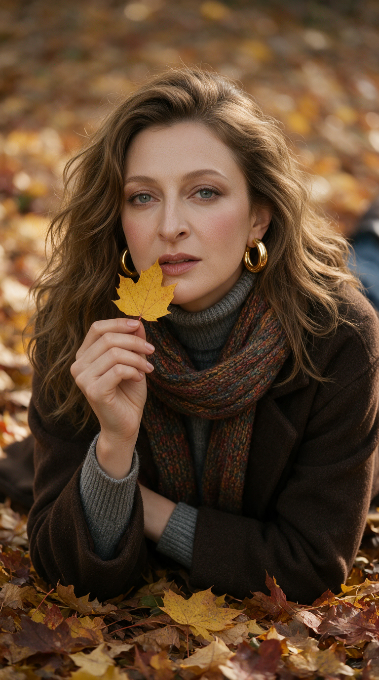 Professional portrait of the woman from the reference image, lying on the ground covered with autumn maple leaves. She is looking directly into the camera with a gentle, thoughtful expression. The woman is resting on her forearms, her left hand is bent at the elbow, and her right hand is gracefully raised near her face, holding a single vibrant yellow autumn maple leaf close to her lips. She is wearing a dark brown wool coat over a grey turtleneck sweater, accented with a warm-toned multi-colored knitted scarf and elegant gold chunky hoop earrings. The camera angle is at eye level, shallow depth of field with a beautifully blurred bokeh of golden autumn foliage in the background. Shot on Sony A7R IV, 85mm lens, f/1.8, cinematic lighting, ultra-realistic, 8k resolution, highly detailed skin texture, soft natural sunlight, masterpiece, highly photorealistic -