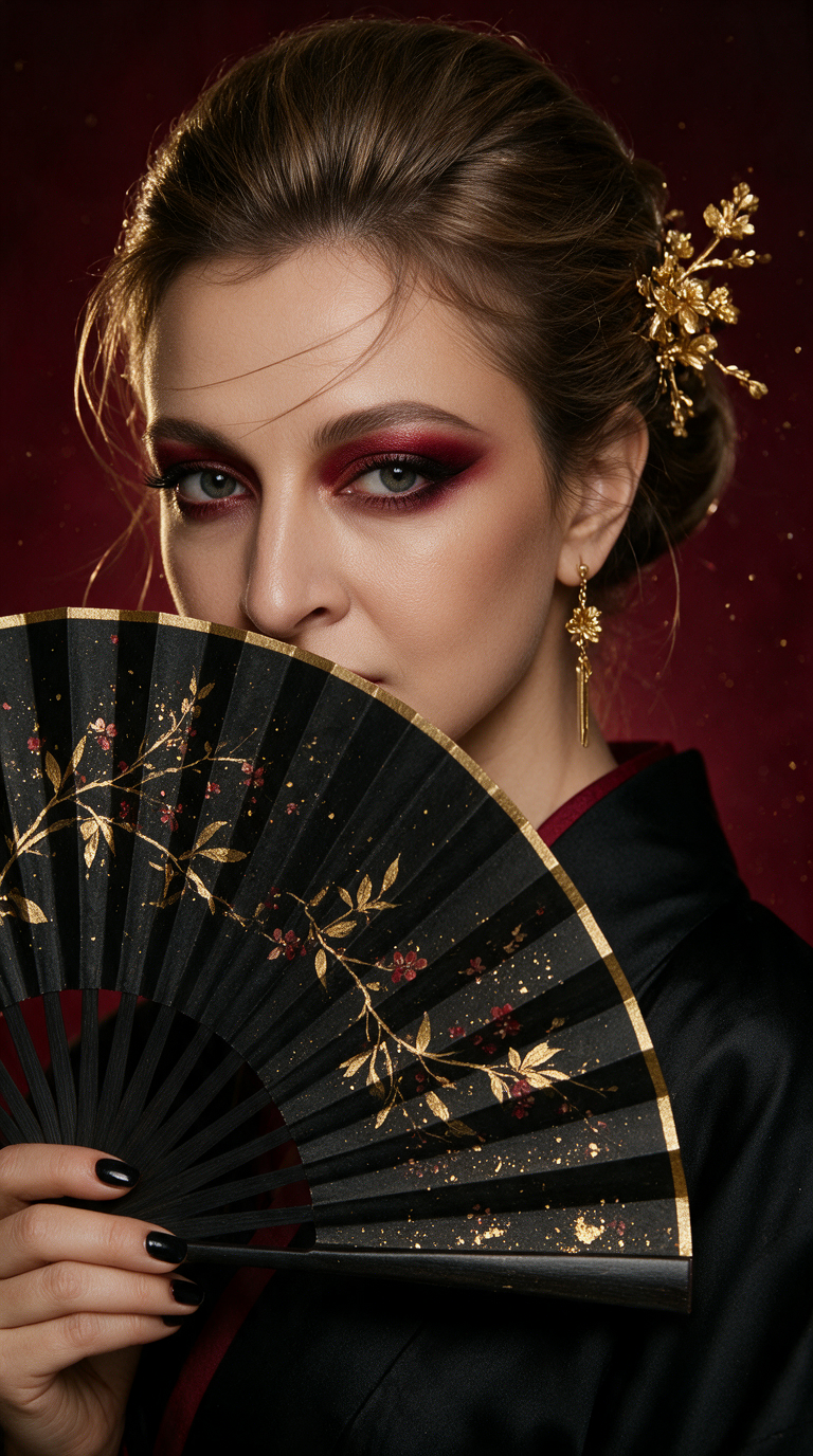 A luxurious, high-fashion vertical portrait (9:16 aspect ratio) of the woman from the reference image. Preserve her original facial features, hair color, skin tone, and overall appearance exactly as shown in the reference — do not alter or reinterpret them.
She is styled in a modern geisha-inspired look. Her hair is pulled back into a sleek, polished updo with a smooth, glossy finish and a few delicate loose strands falling softly across her forehead and cheek. On the side of her head sits an ornate golden hairpiece shaped like blooming branches and flowers with intricate detailing. A long, elegant golden earring with a floral top and a slender dangling pendant hangs from her ear.
She wears a black silk kimono with a deep red inner collar, visible at the neckline. Her long fingernails are painted in glossy black lacquer.
She holds a large, opened traditional Japanese folding fan in front of the lower half of her face, covering her nose, mouth, and chin. The fan is black with a gold trim, decorated with hand-painted golden branches, leaves, and small red cherry blossoms, plus scattered gold dust accents.
Makeup: flawless matte porcelain complexion, dramatic smoky eye makeup in rich crimson and burgundy tones blended outward, sharply defined dark eyeliner, long fluttery lashes, precisely groomed dark brows. Editorial, bold, and opulent.
Expression: calm, confident, mysterious gaze directed straight into the camera over the top edge of the fan.
Background: deep, saturated dark red backdrop with subtle gradient shadows and a few faint sparkles of golden dust floating in the air.
Lighting: soft, directional beauty lighting from the front, gently highlighting the eyes, hairpiece, and fan details, with smooth falloff into shadow around the edges. Rich contrast, deep blacks, glowing warm highlights.
Style: ultra-detailed, photorealistic, luxury editorial photography, cinematic color grading, sharp focus on the eye and fan textures, fine skin detail, subtle film grain. Shot on a medium-format camera with an 85mm lens, f/2.0, shallow depth of field. Vertical composition, 9:16.