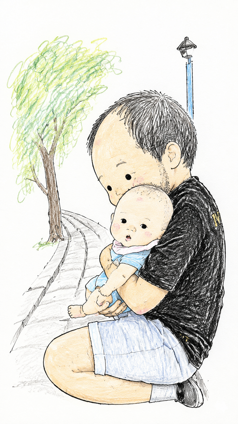 Using the attached photo as reference, preserve the recognizable identity, hairstyle, expression, pose, clothing, baby animal, and original colors. Redraw it as a cute, clumsy hand-drawn doodle with an oversized crooked head, tiny awkward body, dot eyes, and simple facial features. Use thin, slightly shaky black ballpoint-pen lines and loosely scribbled colored-pencil strokes. Keep it intentionally amateur and adorably awkward, but clean and uncluttered, with a simplified background and plenty of white paper.