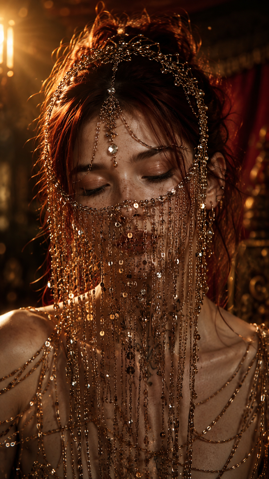 Create a cinematic vertical portrait (9:16 aspect ratio) of the woman from the reference image. Preserve her exact facial features, hair color, skin tone, age, and overall likeness strictly as shown in the reference — do not alter or reinterpret them.

She is adorned in an intricate oriental-style headpiece and face veil made of delicate metallic chains, small beads, and shimmering sequins that cascade down over her forehead, cheeks, and shoulders. The chain veil covers the lower half of her face (nose and mouth), leaving only her eyes visible. Her eyes are gently closed or looking downward, with soft, elegant eye makeup. Fine chain strands drape across her bare shoulders and collarbone, catching the light.

Lighting: warm, moody, cinematic side-lighting with a strong golden-amber glow coming from the upper left, creating a soft halo/backlight effect through the chains and making every bead sparkle. Deep shadows on the opposite side for dramatic contrast. Subtle lens flare and light haze in the air for a dreamy atmosphere.

Background: dark, blurred interior with rich warm reddish-brown and mahogany tones, out of focus, resembling an intimate oriental palace or tent interior. Shallow depth of field (f/1.8), background heavily bokeh'd.

Style: photorealistic, ultra-detailed, high-end fashion editorial photography, shot on a full-frame camera with an 85mm lens, sharp focus on the eyes and chain details, fine grain, rich cinematic color grading, warm gold and deep red palette.

Composition: vertical 9:16 framing, subject centered, head and shoulders visible, close-up portrait.

Mood: mysterious, sensual, regal, ethereal.