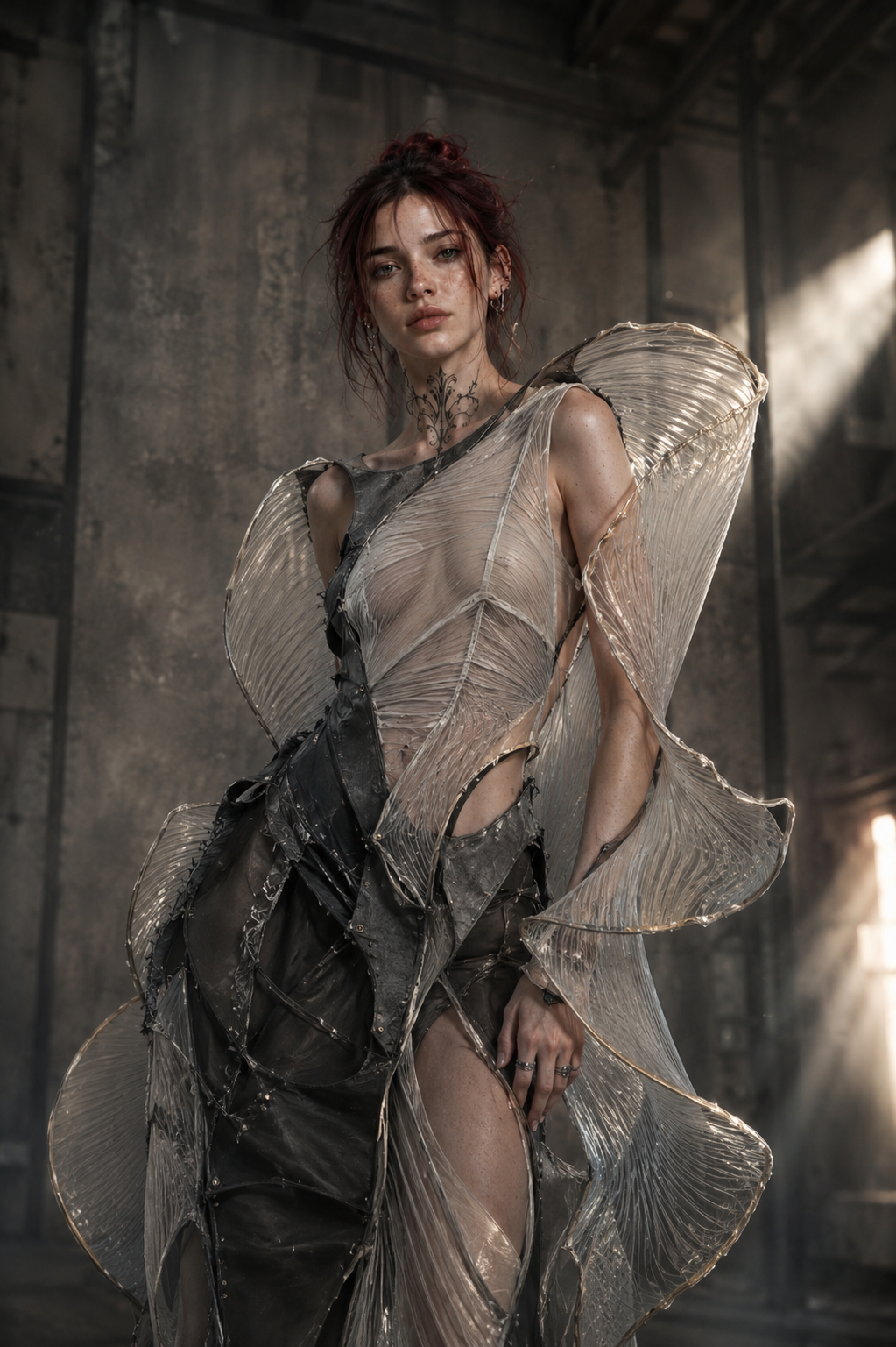 Avant-garde fashion editorial photograph of a tall model posed in a windswept industrial loft, wearing a sculptural garment that fuses Vivienne Westwood’s rebellious asymmetry with Iris van Herpen’s fluid, biomimetic structure. The silhouette is sharp, layered, and unconventional, with exposed seams, engineered curves, and translucent material that catches the light like a living shell. The face stays photographic and grounded, while the wardrobe becomes the visual protagonist; concrete walls, steel beams, and thin dust in the air give the scene texture and edge. Cold side light with one warm reflected highlight, muted graphite, pearl, smoke, and oxidized silver palette, fashion-forward but tactile, shot on Sony A7R V, 35mm lens, f/2.8.

Стилизация: 800
MJ 8.2