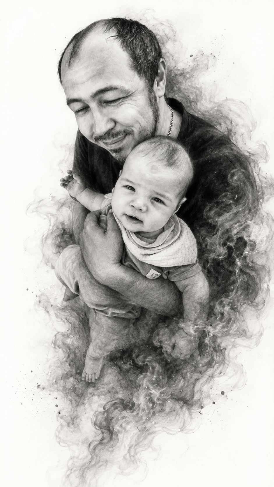 Made 100% identical to the attached object! Highly detailed black-and-white elegant artistic portrait, executed in refined charcoal and graphite techniques, with realistic facial anatomy, soft tonal transitions, and elegant pencil hatching. The subject emerges against a pure white space, gradually dissolving into flowing smoke, mist, and ethereal textures resembling particles. Light strands of hair blend smoothly with the surrounding atmosphere, creating a dreamlike fusion of form and abstraction. Ultra-fine lines, delicate skin textures, subtle hair details, soft gray gradients, and a masterful composition with negative space. Minimalist aesthetic with a calm, introspective, and poetic mood. The artwork balances between a hyperrealistic portrait and expressive smoke-dissipation effects, creating an airy, weightless, and emotionally evocative elegant artistic illustration. Museum-quality, timeless elegance, high realism, clean composition, soft ambient lighting, artistic monochrome masterpiece. R 9:16 vertical!