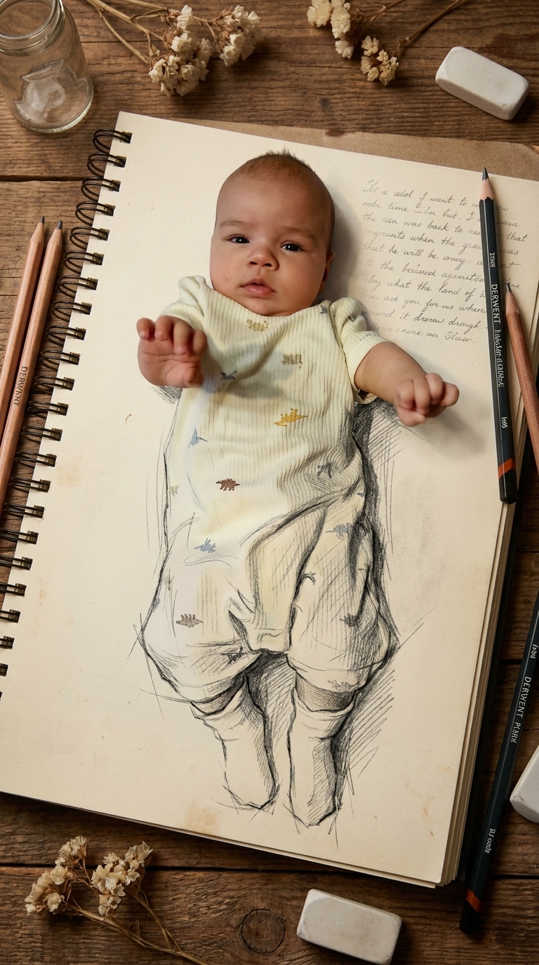 Analyze the uploaded reference image carefully. Generate an image of the EXACT person from this reference, strictly preserving their facial features, age, gender, hairstyle, and the exact clothing/outfit shown in the image.
The character is sitting on an open spiral sketchbook page placed on a rustic wooden table. The upper half of the body (head, shoulders, chest, and arms) is fully hyperrealistic and photographic, perfectly matching the reference image's details, skin texture, and fabric.
Seamlessly transitioning downward from the waist, the figure gradually dissolves into a loose pencil sketch: rough graphite strokes, cross-hatching, and unfinished pencil lines. The lower body is drawn as an incomplete charcoal and graphite drawing directly on the aged cream paper of the sketchbook. The transition must be smooth, organic, and blended, not abrupt.
The sketchbook page shows faint handwritten cursive text in the background. Surrounding the sketchbook on the wooden table are Derwent pencils, a white eraser, a small glass jar, and dried flowers.
Lighting and style: Warm moody studio lighting, shallow depth of field, ultra-detailed, cinematic quality. Style: 3D-to-sketch transition art, hyperrealism meeting traditional pencil drawing.
