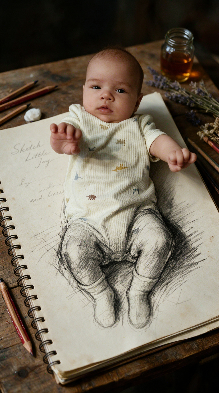 Analyze the uploaded reference image carefully. Generate an image of the EXACT person from this reference, strictly preserving their facial features, age, gender, hairstyle, and the exact clothing/outfit shown in the image.
The character is sitting on an open spiral sketchbook page placed on a rustic wooden table. The upper half of the body (head, shoulders, chest, and arms) is fully hyperrealistic and photographic, perfectly matching the reference image's details, skin texture, and fabric.
Seamlessly transitioning downward from the waist, the figure gradually dissolves into a loose pencil sketch: rough graphite strokes, cross-hatching, and unfinished pencil lines. The lower body is drawn as an incomplete charcoal and graphite drawing directly on the aged cream paper of the sketchbook. The transition must be smooth, organic, and blended, not abrupt.
The sketchbook page shows faint handwritten cursive text in the background. Surrounding the sketchbook on the wooden table are Derwent pencils, a white eraser, a small glass jar, and dried flowers.
Lighting and style: Warm moody studio lighting, shallow depth of field, ultra-detailed, cinematic quality. Style: 3D-to-sketch transition art, hyperrealism meeting traditional pencil drawing.
