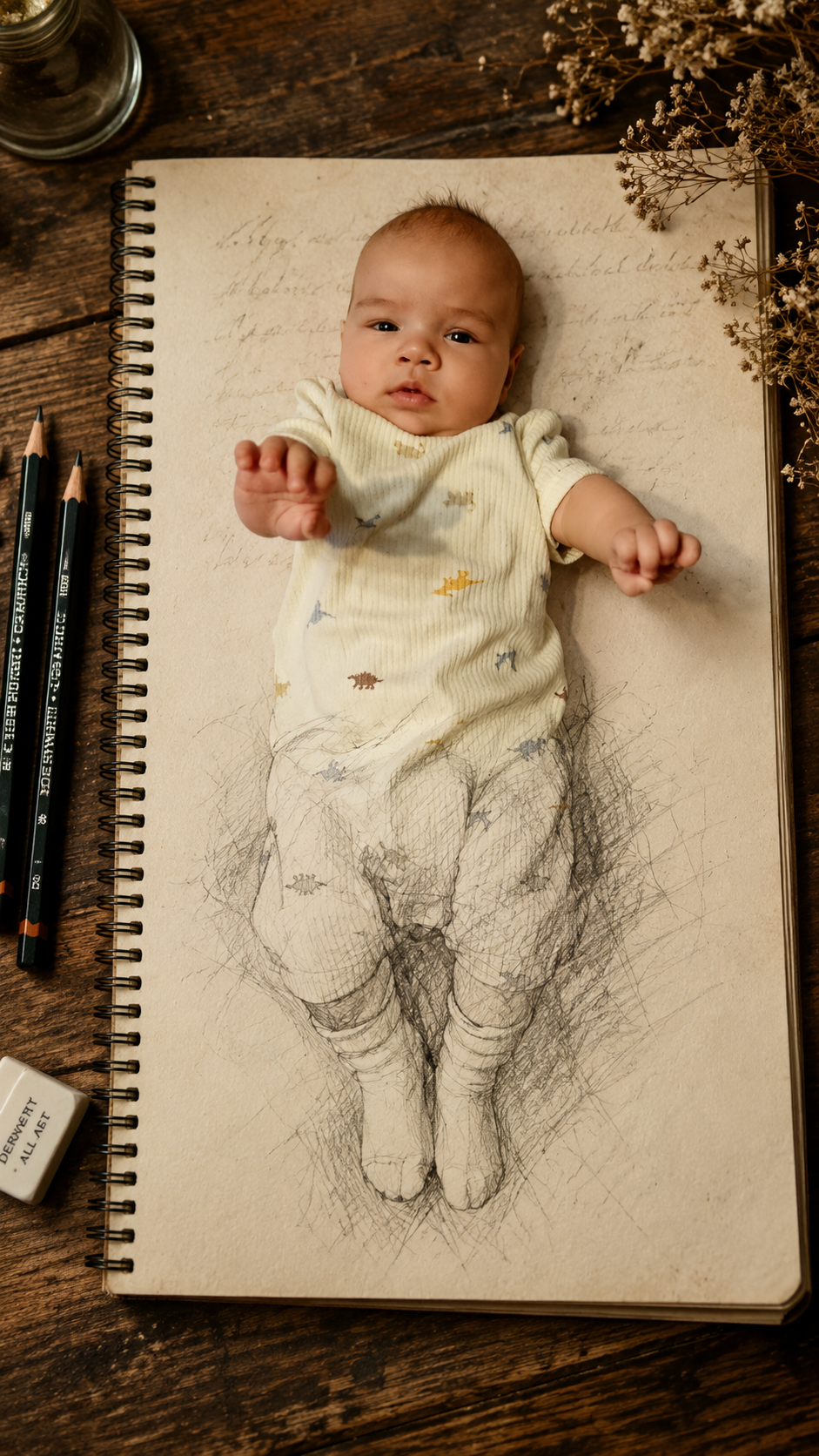 Analyze the uploaded reference image carefully. Generate an image of the EXACT person from this reference, strictly preserving their facial features, age, gender, hairstyle, and the exact clothing/outfit shown in the image.
The character is sitting on an open spiral sketchbook page placed on a rustic wooden table. The upper half of the body (head, shoulders, chest, and arms) is fully hyperrealistic and photographic, perfectly matching the reference image's details, skin texture, and fabric.
Seamlessly transitioning downward from the waist, the figure gradually dissolves into a loose pencil sketch: rough graphite strokes, cross-hatching, and unfinished pencil lines. The lower body is drawn as an incomplete charcoal and graphite drawing directly on the aged cream paper of the sketchbook. The transition must be smooth, organic, and blended, not abrupt.
The sketchbook page shows faint handwritten cursive text in the background. Surrounding the sketchbook on the wooden table are Derwent pencils, a white eraser, a small glass jar, and dried flowers.
Lighting and style: Warm moody studio lighting, shallow depth of field, ultra-detailed, cinematic quality. Style: 3D-to-sketch transition art, hyperrealism meeting traditional pencil drawing.