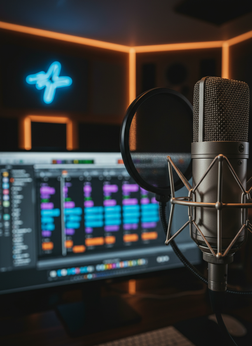 A cinematic extreme close-up shot of a premium, high-end professional studio condenser microphone (like a Neumann U87) with a sleek metal pop filter. The microphone is sharply focused in the foreground, showcasing detailed metallic textures and craftsmanship. In the softly blurred background (bokeh effect), a large computer monitor displays an advanced digital audio workstation (DAW) with colorful, dense sound waves and multi-track audio regions. The background environment captures a luxurious, expensive recording studio atmosphere with acoustic foam panels, dim warm ambient backlighting, and subtle LED neon glows. Low-key dramatic lighting, high contrast, photo taken with a 50mm macro lens, photorealistic, 8k resolution, raw style, professional music industry aesthetic.