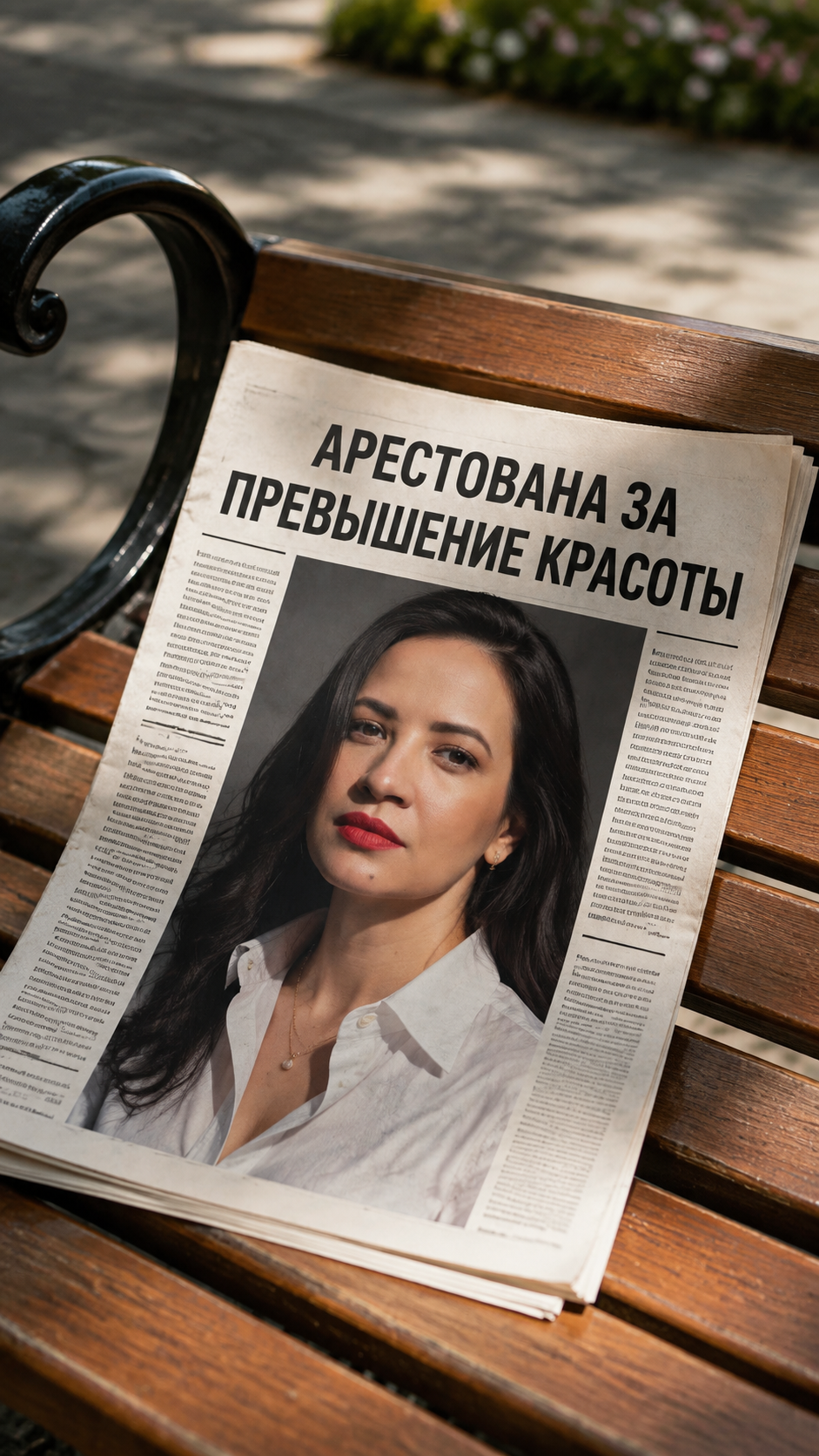 Крупный план фотографии газеты на деревянной скамейке средне-коричневого цвета с видимой текстурой древесины, занимающей две трети кадра по диагонали от нижнего левого до верхнего правого угла. Верхний край газеты слегка закручивается вверх, отбрасывая тонкую тень. Скамейка имеет равномерно расположенные рейки и видимый левый подлокотник с гладкой черной металлической отделкой. Газета отображает жирный заголовок на кириллице "АРЕСТОВАНА ЗА ПРЕВЫШЕНИЕ КРАСОТЫ" черными чернилами, центрированным вверху, с большим цветным портретом женщины точь в точь с оригиналом, и нечитаемым текстом в колонках по бокам. У женщины  профессиональный макияж с легким румянцем и прическа, белая немного растегнутая классическая модная рубашка, подходящие аксессуары.Фон представляет собой мягко размытую сцену на улице с приглушенными зелеными и коричневыми тонами. Естественный световой день из верхнего левого угла отбрасывает мягкие тени на серые тротуарные камни, в то время как общая цветовая палитра балансирует теплые коричневые и яркие пастельные тона, снятые с уровня глаз с умеренной глубиной резкости. Высокое качество, чёткие структуры, фокус на лице.