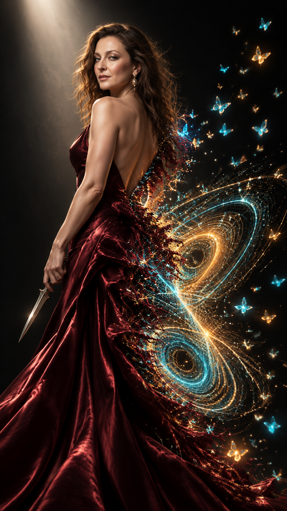 An elite cinematic fashion photography of a powerful female assassin posing in a stance of absolute dominance, shot on Hasselblad H6D-100c. She is wearing a spectacular low-back avant-garde ballgown in deep burgundy wine-red heavy silk. Her posture is a confident three-quarter turn, revealing a subtle, enigmatic, dangerous smile on her lips. The entire right side of her dress dynamically disintegrates, transforming into a glowing Lorenz attractor structure woven from hyper-detailed, razor-thin laser filaments and mathematical fractal lines. These glowing cyan and amber energy threads orbit her silhouette, swirling into millions of microscopic luminescent neon butterflies that flutter away into a dark void. The scene is illuminated by a singular dramatic volumetric spotlight, casting intense specular highlights on her silk dress and creating deep chiaroscuro contrast on the monolithic background. Pristine high-contrast rendering, ultra-clean commercial masterpiece quality --chaos 30 --stylize 950 --ar 16:9