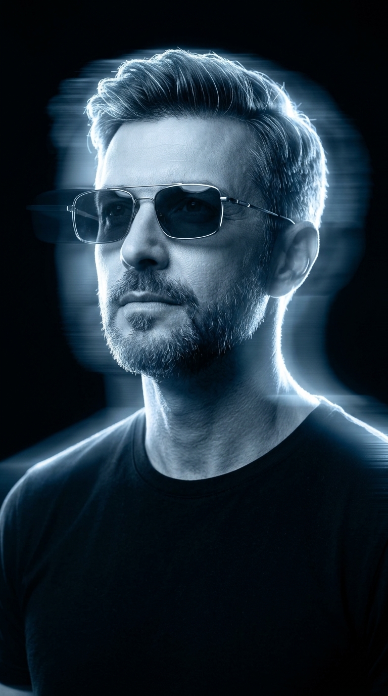 Generate a photorealistic image of the person from the attached photo. Preserve exact facial likeness.
Head tilted slightly upward and turned slightly to the left, gaze directed upward and to the left, calm and composed facial expression, lips closed. Wearing rectangular frame sunglasses with thin metallic frames and dark lenses. Plain dark crew-neck t-shirt, no patterns or text. Hair with glowing luminous outlines.
Bust shot, camera angle slightly low-angle looking up. Horizontal motion blur light streaks in bright cool blue tones across the entire image, radiant light streaks outlining the hair, shoulders and face. Deep pitch-black completely dark empty background, no visible environment or objects.
Cool-toned monochromatic blue color grading, cinematic dramatic lighting, strong rim and backlight creating glowing silhouettes, high contrast, luminous bright highlights against deep black shadows, futuristic atmospheric glow, motion speed distortion effect, ethereal luminous aura.
Shot on Sony A7 IV, 85mm f/1.4 prime lens, cinematic quality, ultra-detailed, sharp facial features, photorealistic textures, 8K resolution