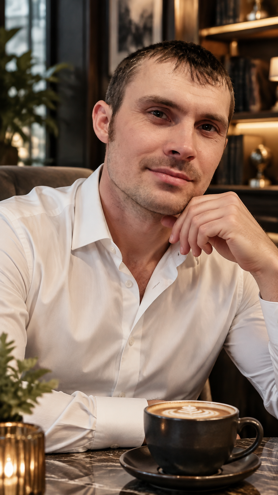 Мужчину сделай улучшение фото, он в светлой рубашке, хорошо выглядит, сидит за красивым столом с кружкой кофе, задний фон красивый 