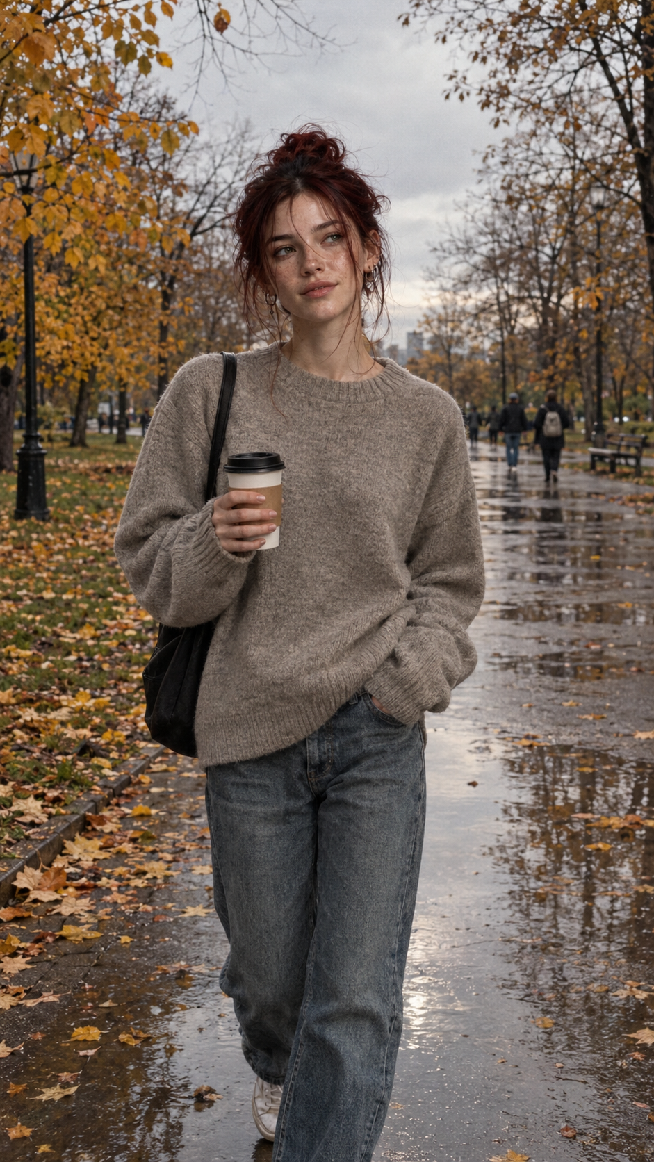 Use the uploaded image as the primary face reference. Preserve face, features, hair color and texture, skin tone — strictly from the reference. Do not alter, smooth, or idealize.

A natural, candid moment on an ordinary autumn day. A girl walks along a wet path in the park, surrounded by yellow and orange leaves, puddles reflecting the sky. She wears a simple oversized grey-beige sweater, jeans, and white sneakers. Her hair is slightly tousled by the wind, one strand falling across her face. In her hand — a paper coffee cup, her other hand tucked into her jacket pocket. A faint, almost imperceptible smile on her face, gaze directed to the side, thoughtful and warm. Everything looks ordinary, unposed — as if caught off guard and photographed on a phone.

Background: a city park with bare tree branches, grey cloudy sky, wet asphalt, a few distant passersby. Warm diffused light through the clouds. Natural colors, soft shadows, film grain, photorealistic. Vertical 9:16.

Negative: changed face, loss of resemblance, idealization, plastic skin, cartoon, anime, illustration, CGI, 3D render, text, watermark, logo, pompous, staged, excessive brightness, overexposed.