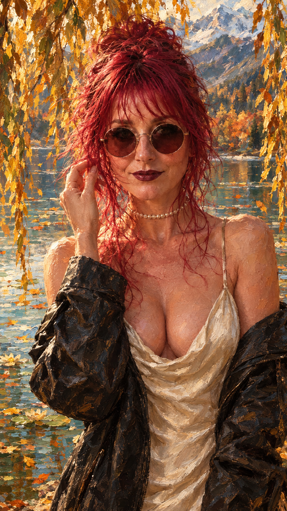IMPORTANT: Preserve the exact face from the reference image — same eyes, eye color, nose, lips, jawline, and proportions. Ideal near-frontal angle with direct eye contact. The face must remain 100% recognizable, with zero distortion from the painterly texture. Even with rich impressionist oil-painting style and visible brushstrokes, the face must be rendered with finer, smoother, more controlled brushwork in classical portraiture tradition to preserve exact facial geometry.

Richly textured impressionist oil-painting close-up portrait. A woman with a tousled damp updo and loose face-framing strands, standing beneath cascading golden autumn willow branches beside a mountain lake. One hand gently tucking a strand of hair near her face. Warm direct eye contact, soft confident half-smile.

She wears an ivory satin slip dress with a draped cowl neckline and a pearl choker necklace, with an oversized black leather jacket slipping off both shoulders. Autumn mountains with early snow and floating water lilies in the background, soft dappled light. Thick impasto brushstrokes with warm bronze skin tones contrasted against cool turquoise water. Gallery-quality fine-art finish.

Face must remain 100% recognizable from reference — ideal frontal angle ensures maximum accuracy, with zero distortion from painterly texture or wet-look effect.

Autumn atmosphere, golden and orange foliage, warm light, falling leaves on the water. Vertical 9:16.

Negative: changed face, loss of resemblance, idealization, plastic skin, cartoon, anime, illustration, CGI, 3D render, text, watermark, logo, distorted features, excessive texture on face, blurry face, overexposed.