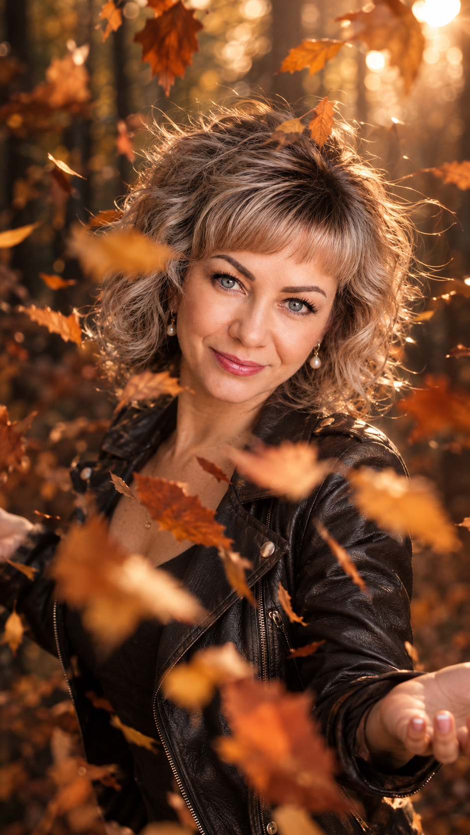 Создай портрет, не меняя черты лица. Кинематографический осенний кадр крупным планом: девушка стоит в лесу, слегка повернув корпус и лицо к камере, взгляд в камеру, на губах довольная полуулыбка( зубов не видно) ; обе руки широко разведены в стороны на уровне талии ладонями вверх, будто она только что подбросила большое количество листьев в воздух; над головой и перед лицом летит множество осенних листьев, часть листьев размыта движением и частично перекрывает лицо, создавая живой спонтанный эффект. Голова слегка запрокинута. Волосы слегка разлетаются от легкого ветра, несколько тонких прядей подсвечены контровым светом.внешность референса не менять. Цвет волос как на фото. Идеальный Макиаж, губы оттенка пыльная Роза. На ней черная кожаная косуха. Фон - размытый осенний лес с темной листвой, солнечными бликами и мягкими световыми кругами боке; съемка с уровня глаз, слегка фронтальный ракурс, кадрирование от груди, малая глубина резкости, резкость на листе и центральной части лица, естественный солнечный контровой свет сквозь деревья, теплые янтарно-коричневые тона, мягкий объемный контраст, атмосферная цветокоррекция, уютное романтическое настроение,
Живой кадр, высокая детализация, 8К важно ; лицо не меняй 
формат 9:16. Ногти френч